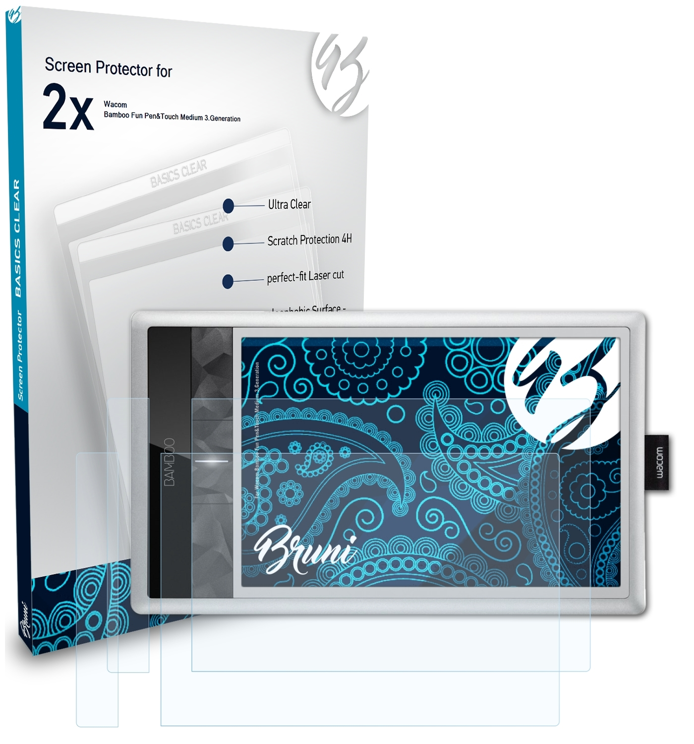 BRUNI 2x Basics-Clear (3.Generation)) Wacom Pen&Touch Schutzfolie(für Fun Bamboo Medium