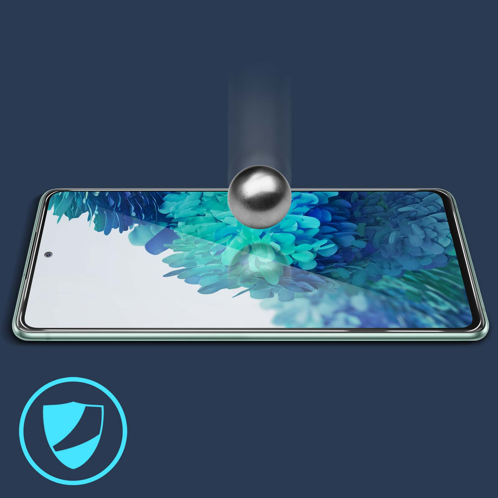 Uno schermo del telefono con protezione schermo, una palla di metallo che cade.