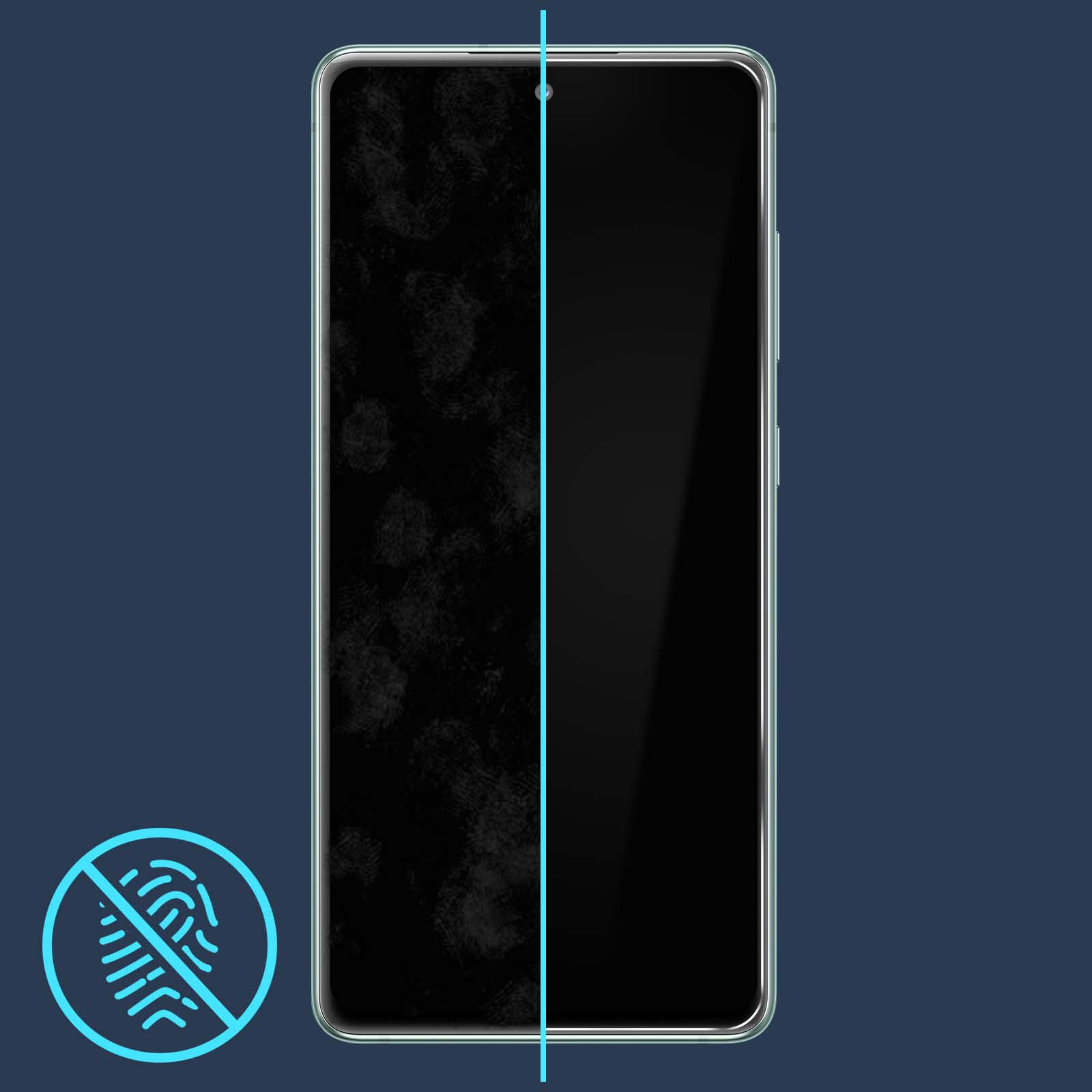 Schermo del telefono diviso. Il lato sinistro mostra impronte digitali, il lato destro è pulito con sfondo blu.
