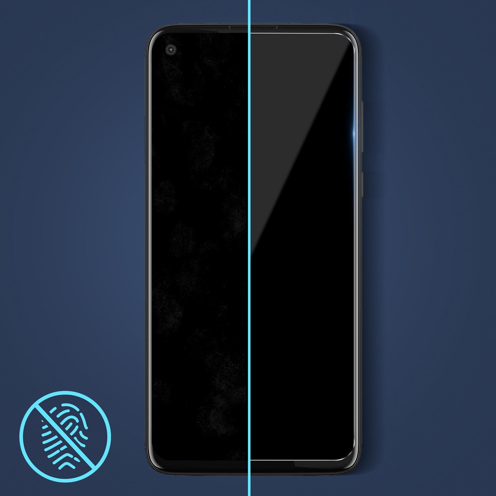 Schermo dello smartphone. Un lato è macchiato, l'altro pulito. Un'icona dell'impronta della mano è sotto. Sfondo blu scuro.