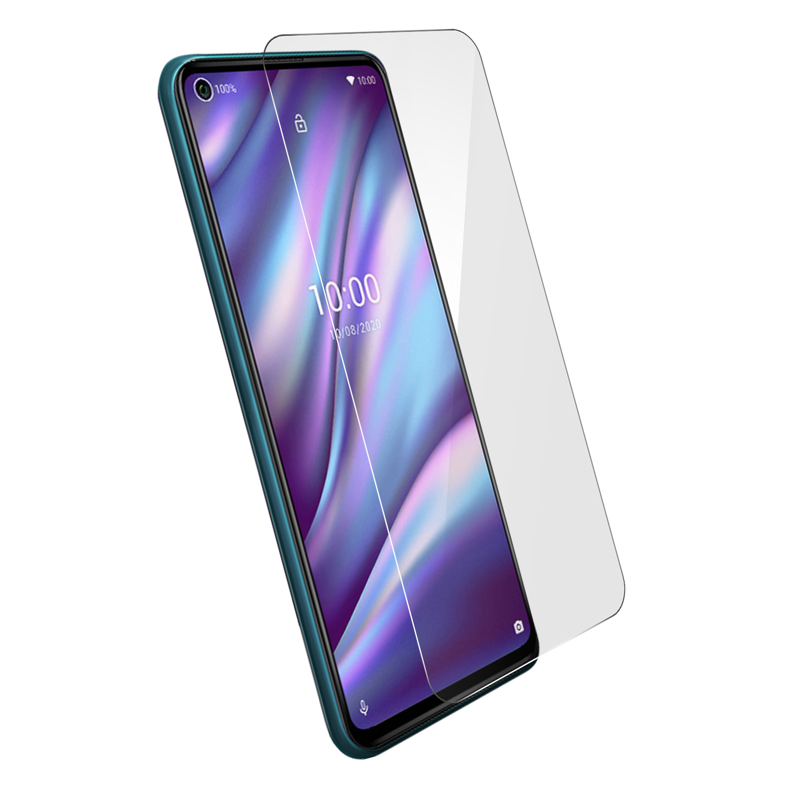 Smartphone con protezione schermo trasparente. Mostra ora e schermata di blocco. Protezione angolata.