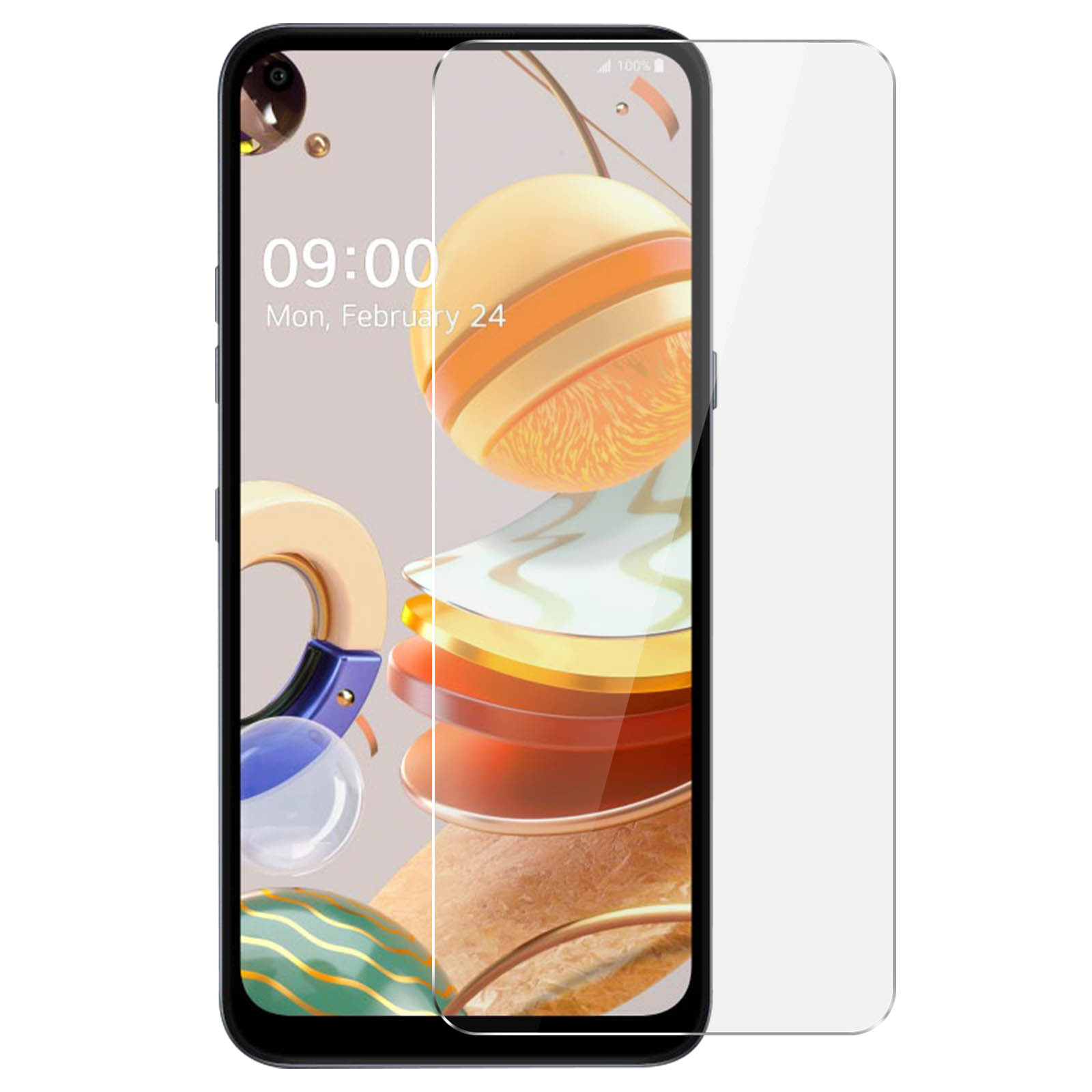 Telefono con protezione schermo applicata. Sfondo bianco. Orologio 09:00, lunedì 24 febbraio.