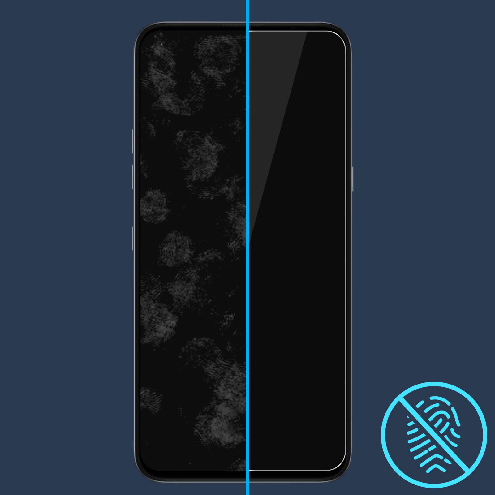 Schermo dello smartphone diviso, un lato con macchie, l'altro pulito. Sfondo blu.