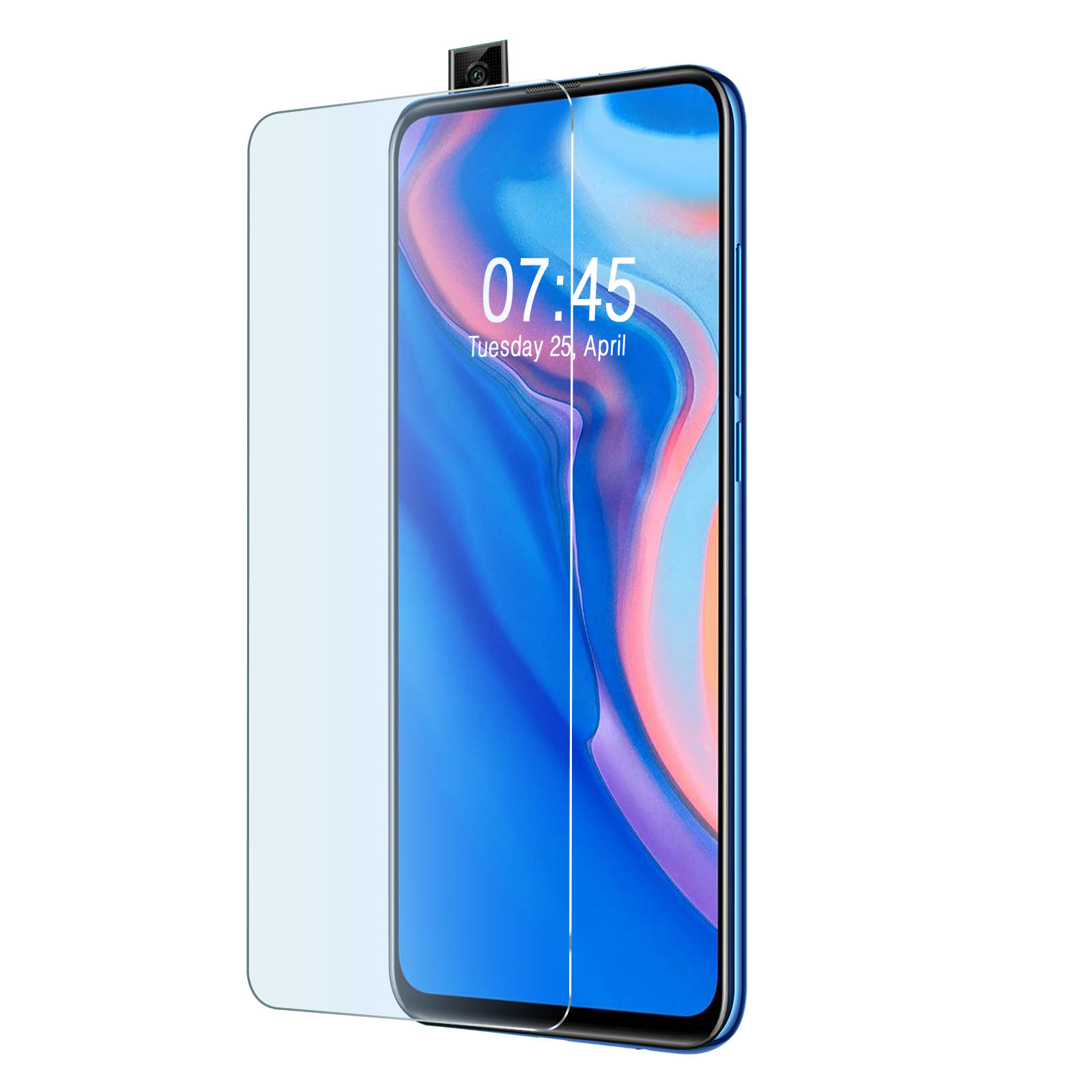 Telefoon met een schermbeschermer. Het scherm toont de tijd en datum.