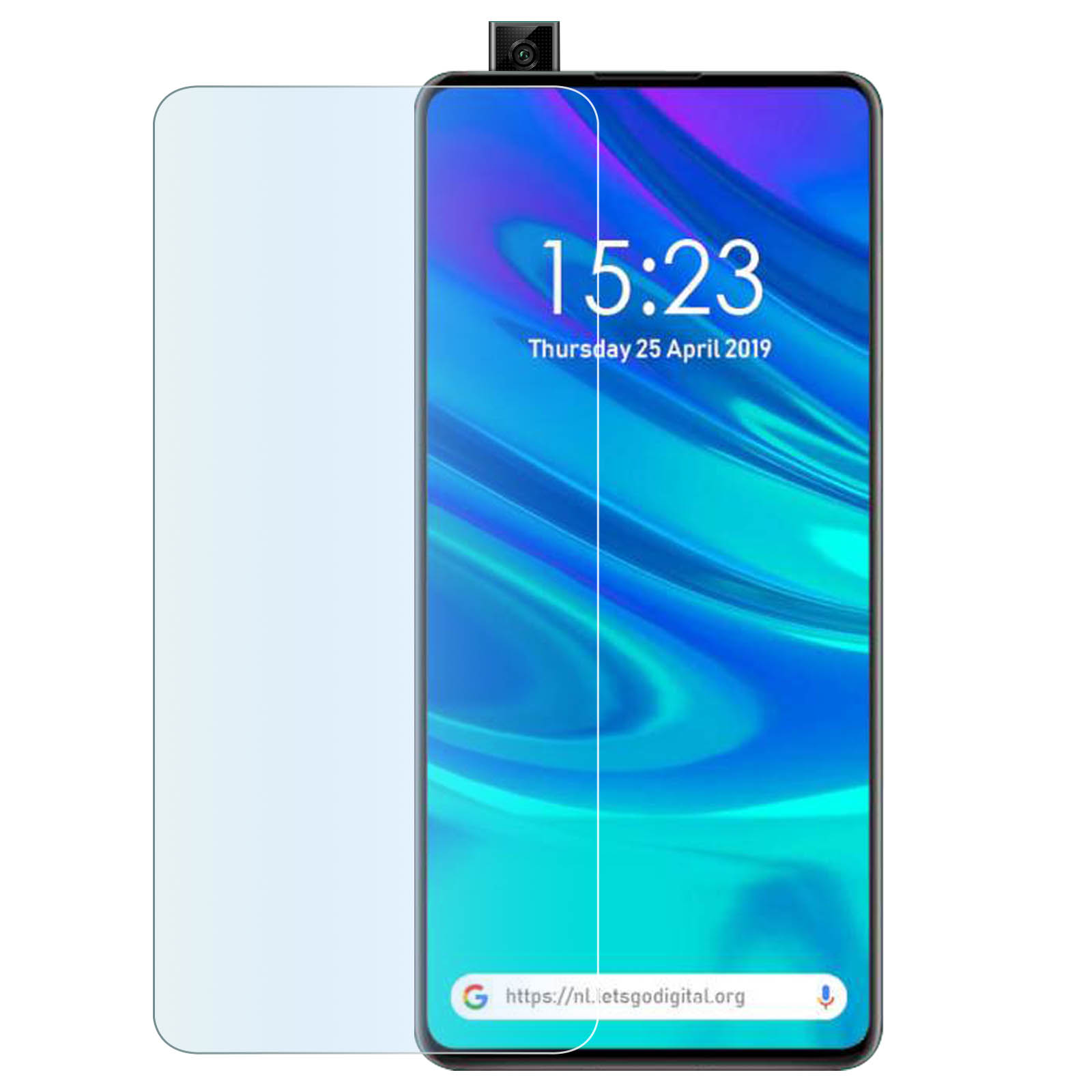 Telefoon met schermbeschermer, geeft tijd en interface weer. Witte achtergrond.