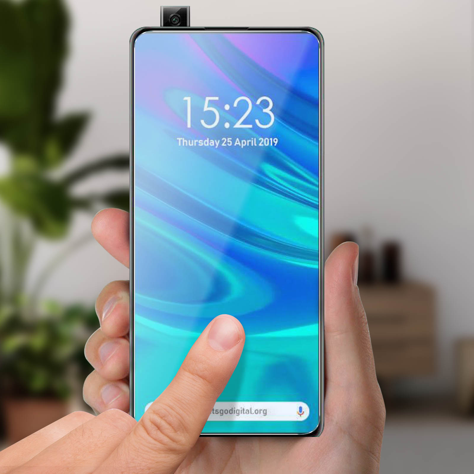 Een hand die een telefoon vasthoudt met tijd en datum. Een vinger raakt aan.