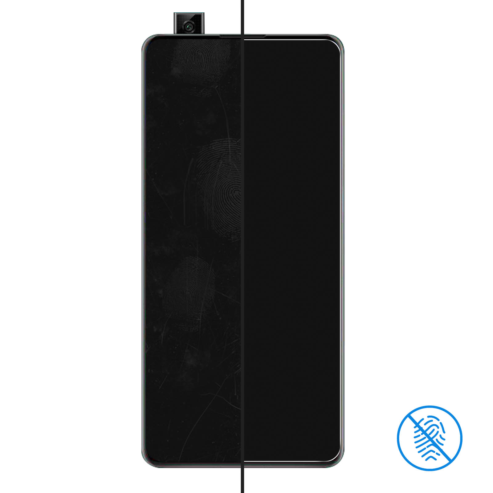 Een telefoonscherm in tweeën gesplitst, de ene kant vies met vingerafdrukken, de andere kant schoon. Een vingerafdrukpictogram wordt weergegeven.