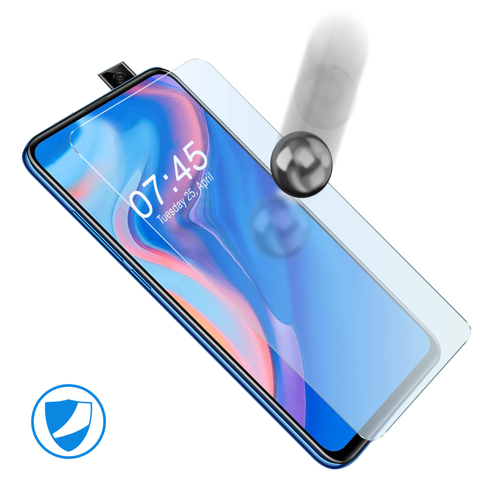Telefoon met screenprotector getest. Bal raakt het scherm. Blauwe telefoon.