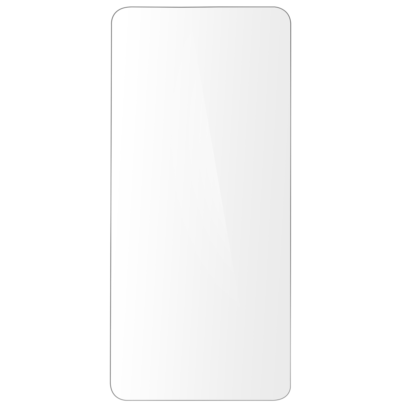 Un protecteur d'écran transparent pour téléphone, rectangulaire avec coins arrondis. Fond blanc.