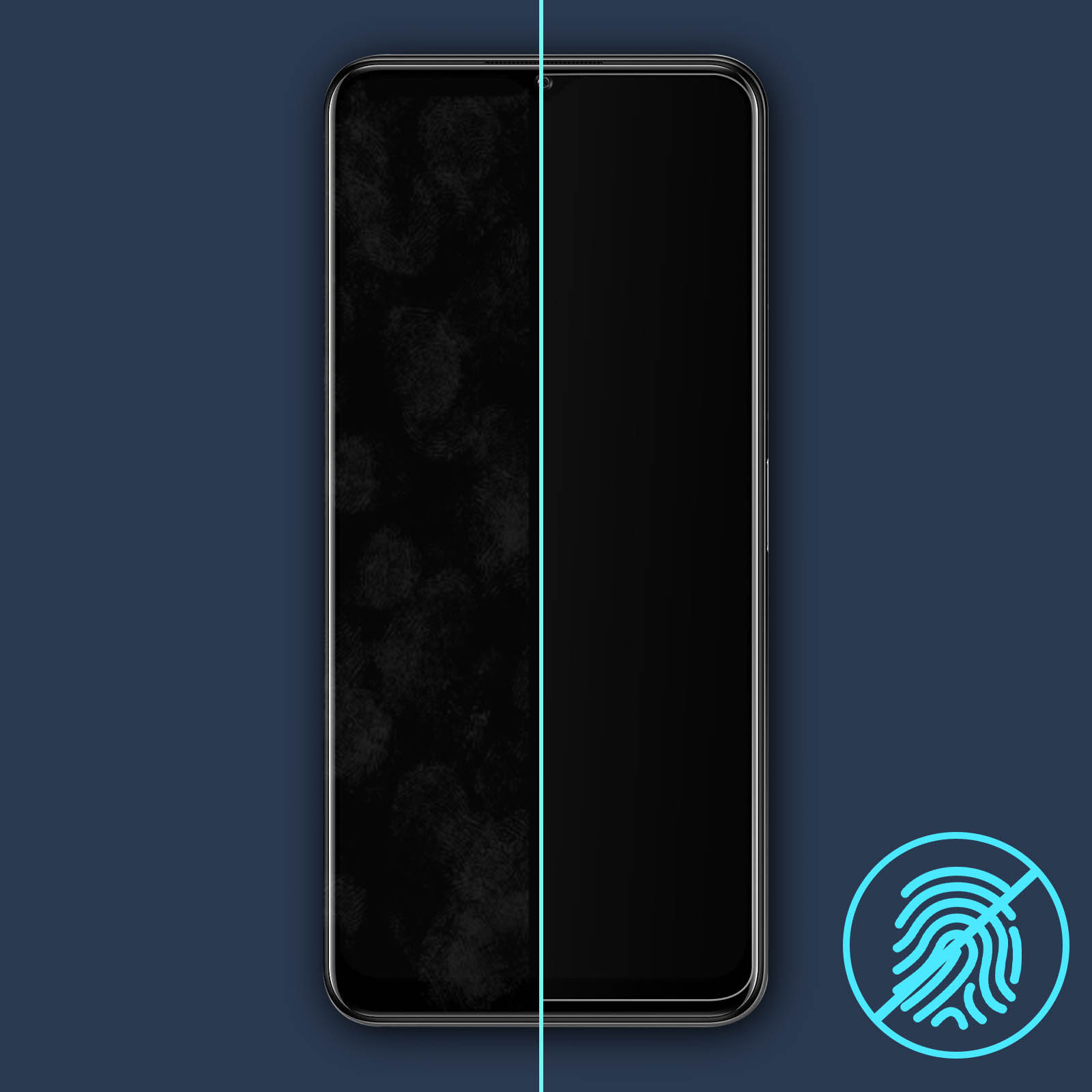 Un écran de téléphone, à moitié taché d'empreintes digitales et à moitié propre, avec une icône d'empreinte digitale barrée.