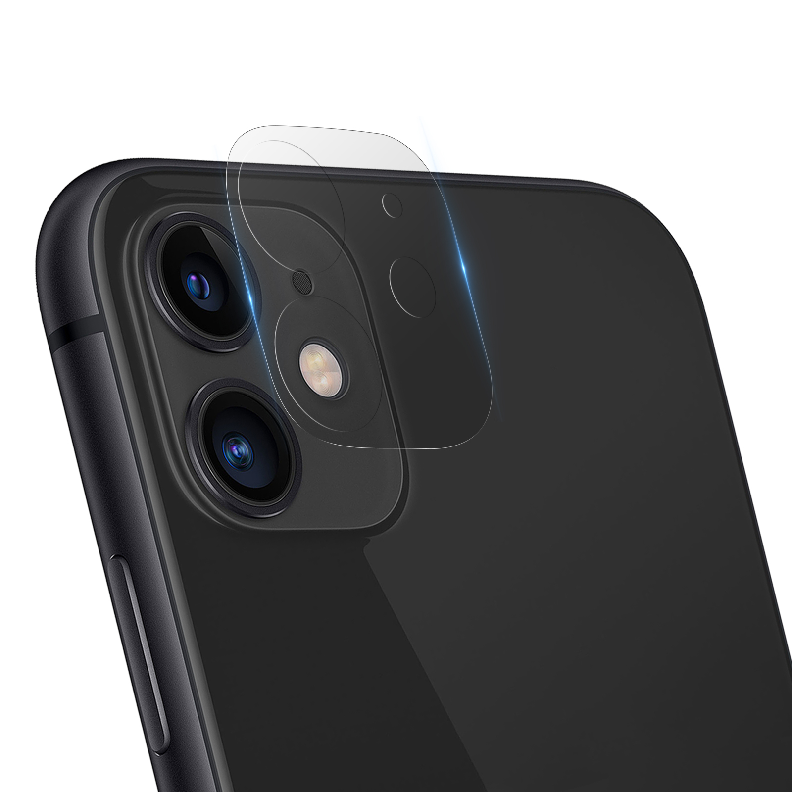 Primo piano di un telefono nero con un proteggi obiettivo della fotocamera installato sul retro.