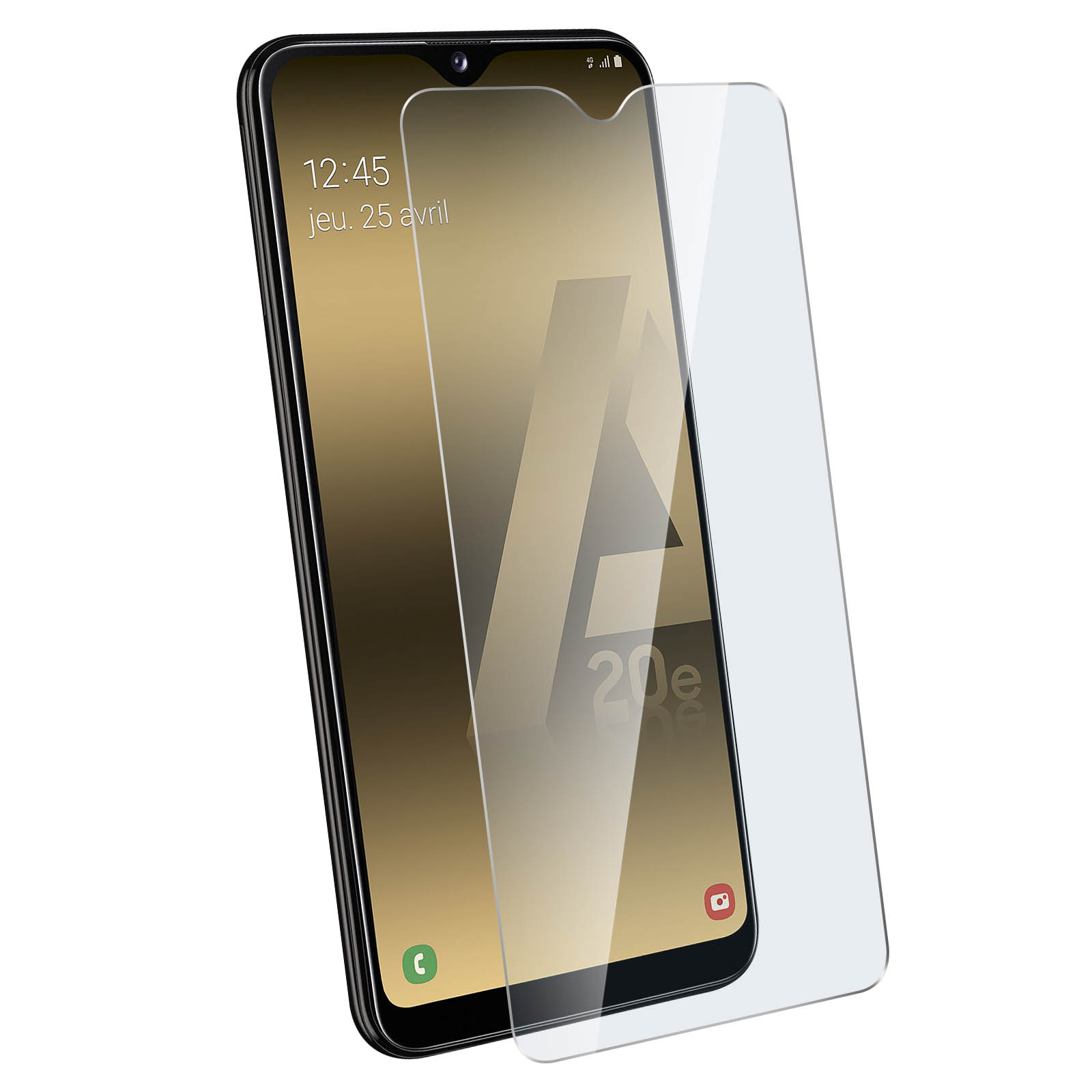 Un smartphone avec un protecteur d'écran. Le téléphone est noir, le protecteur est clair.