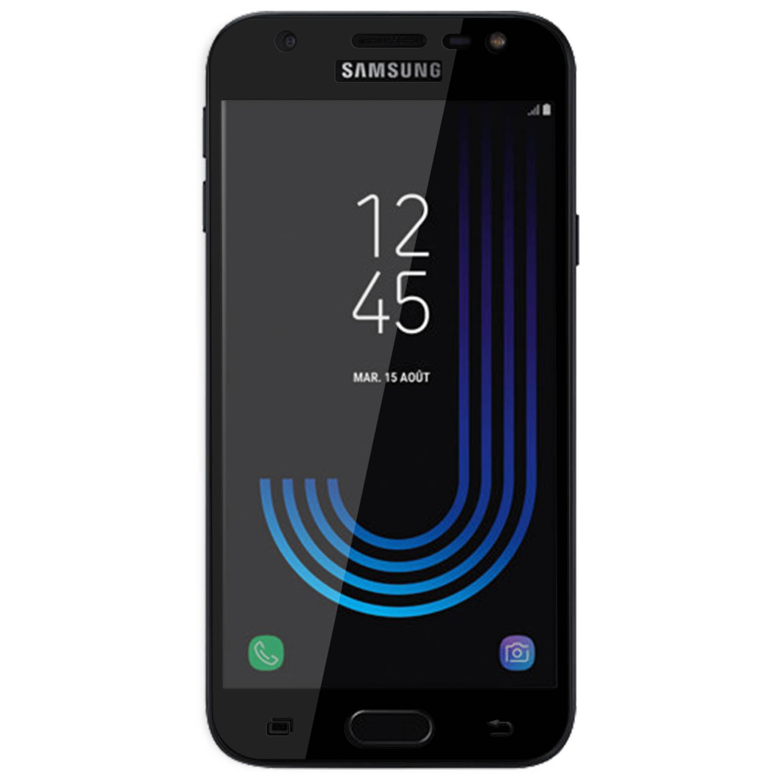 Il telefono Samsung nero mostra l'ora e la data. Linee curve blu e bianche sullo schermo. Sfondo nero.