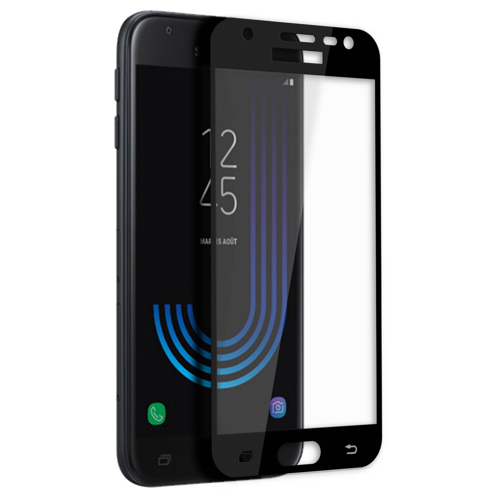 Un telefono nero con protezione schermo. Lo schermo mostra la data e l'ora è 12:45.