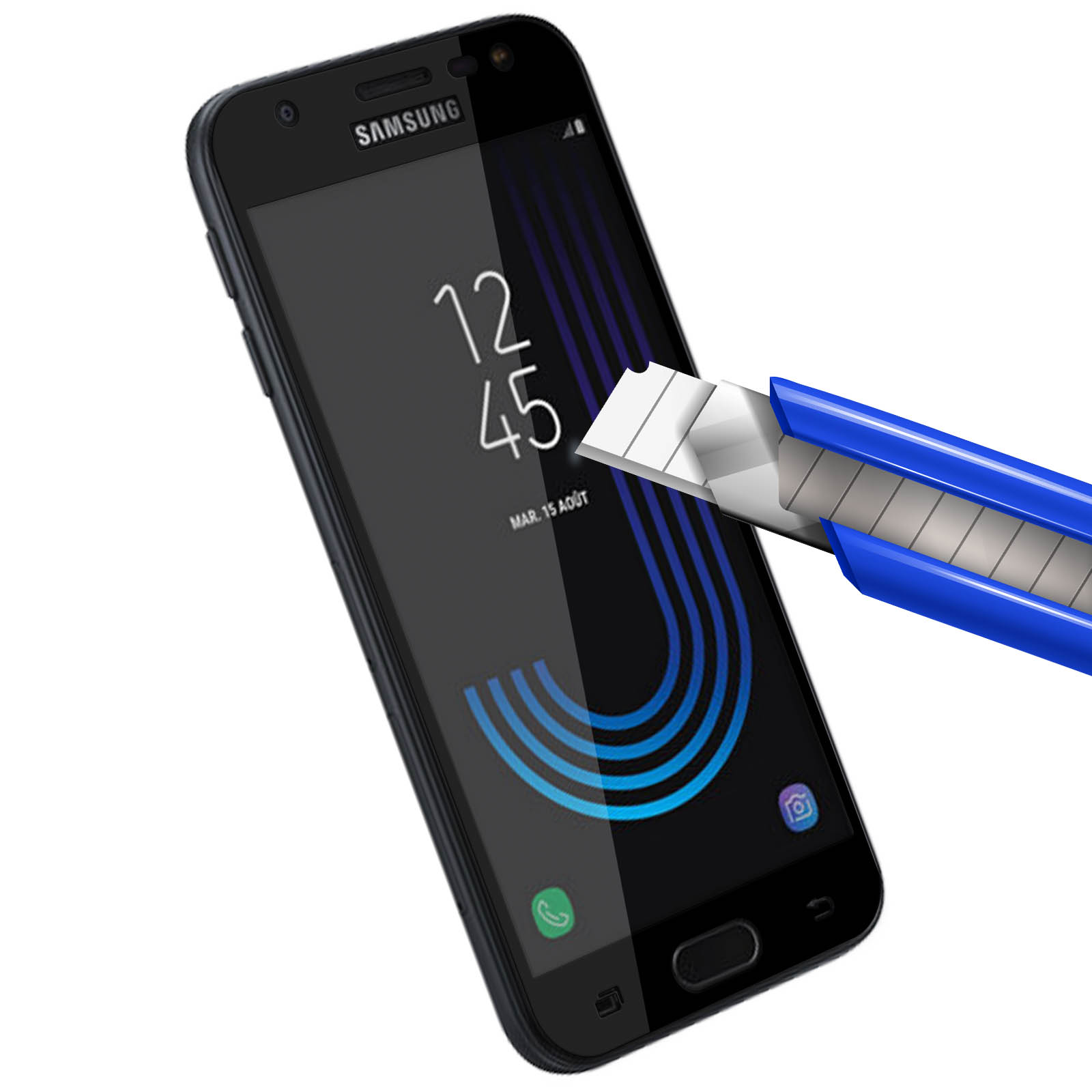 Un telefono Samsung tagliato con un taglierino, schermo che mostra le 12:45. Coltello blu.