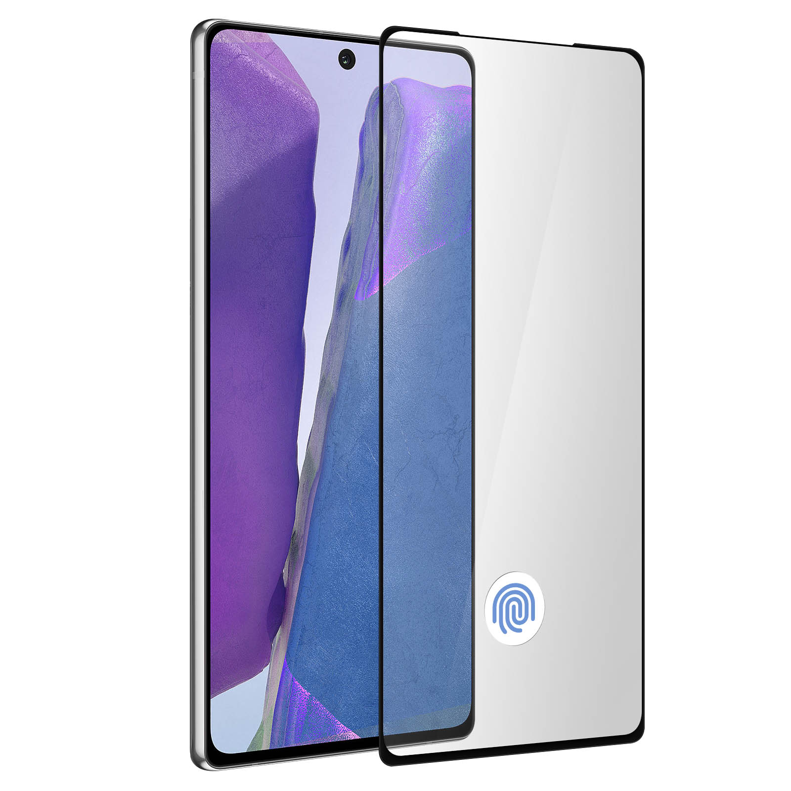 Een smartphone met een schermbeschermer. Paarse en blauwe achtergrond. De beschermer heeft een vingerafdrukpictogram.