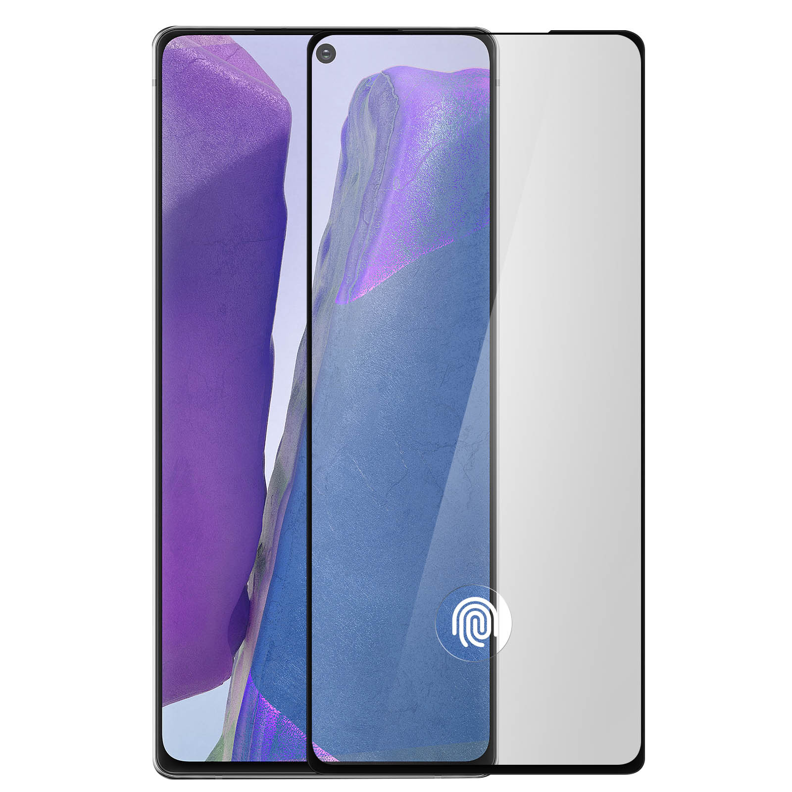 Een smartphone met een schermbeschermer. Telefoon toont een paarse en blauwe abstracte afbeelding. De beschermer is rechts.