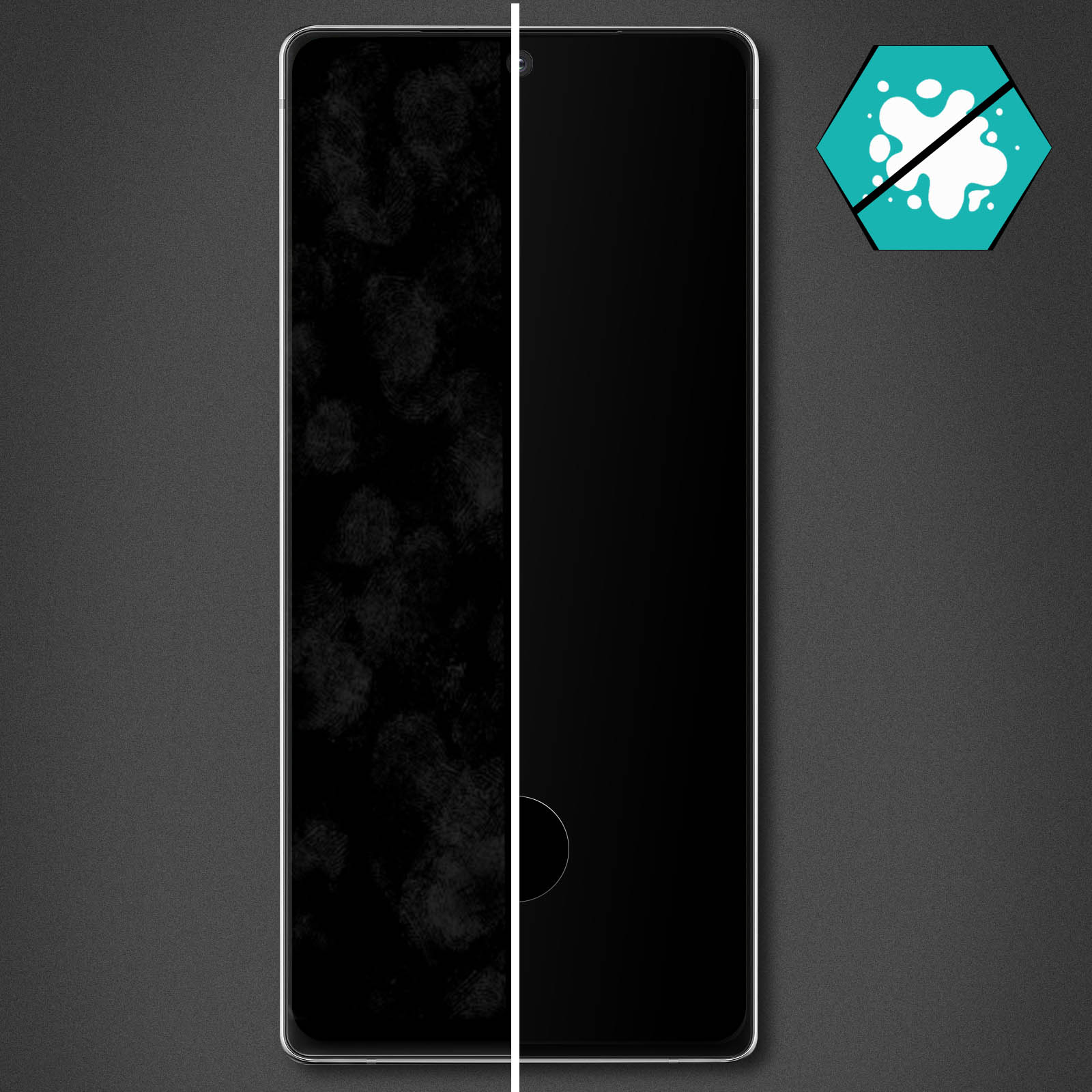 Een smartphonescherm is gesplitst. Linkerkant bedekt met vingerafdrukken. Rechterkant schoon. Een turquoise zeshoekig logo.
