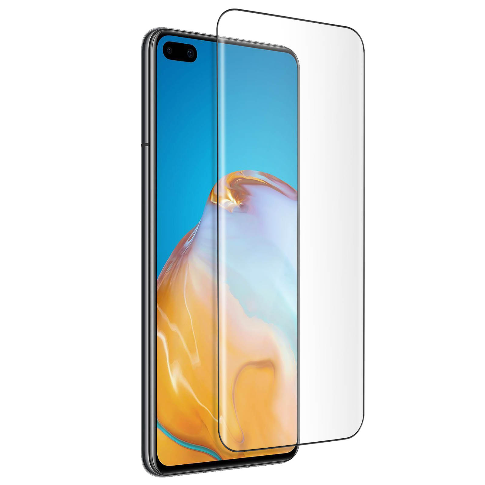 Uno smartphone con protezione schermo. Il telefono è nero con schermo blu. La protezione è trasparente e sovrapposta.