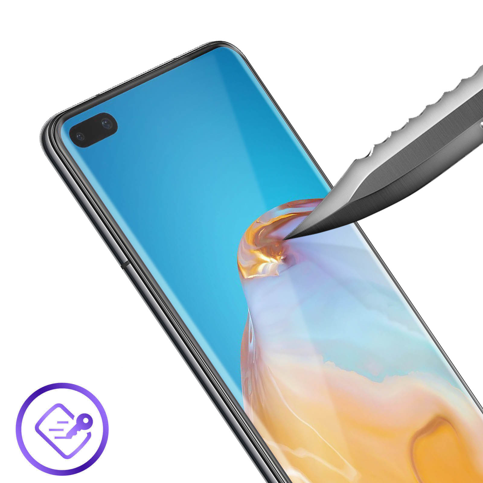 Uno smartphone con schermo blu viene testato con un coltello. Un'icona viola si trova nell'angolo in basso a sinistra.