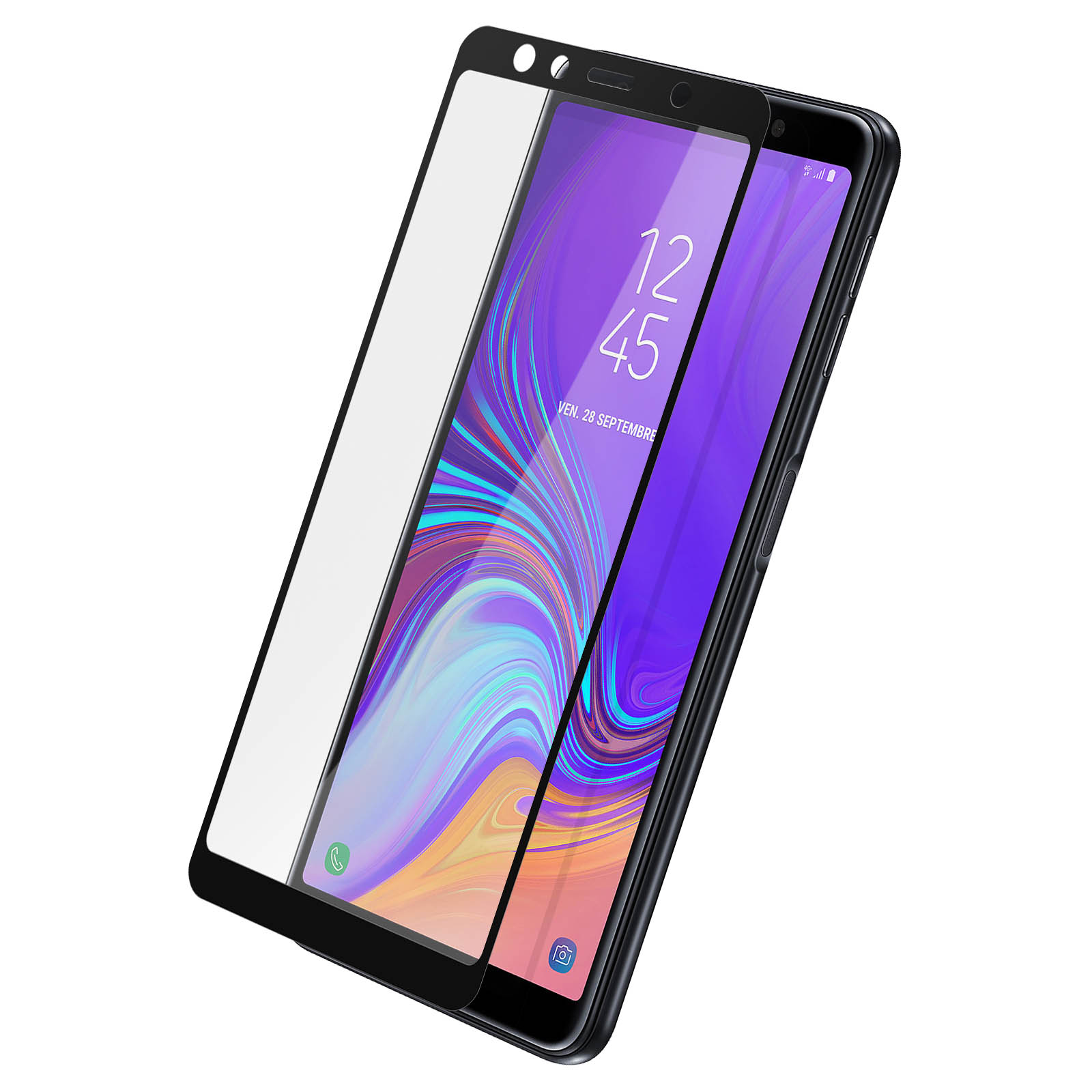Smartphone con protezione schermo. Lo schermo mostra 12:45, 28 settembre. Il telefono è nero con una sfumatura viola e blu.