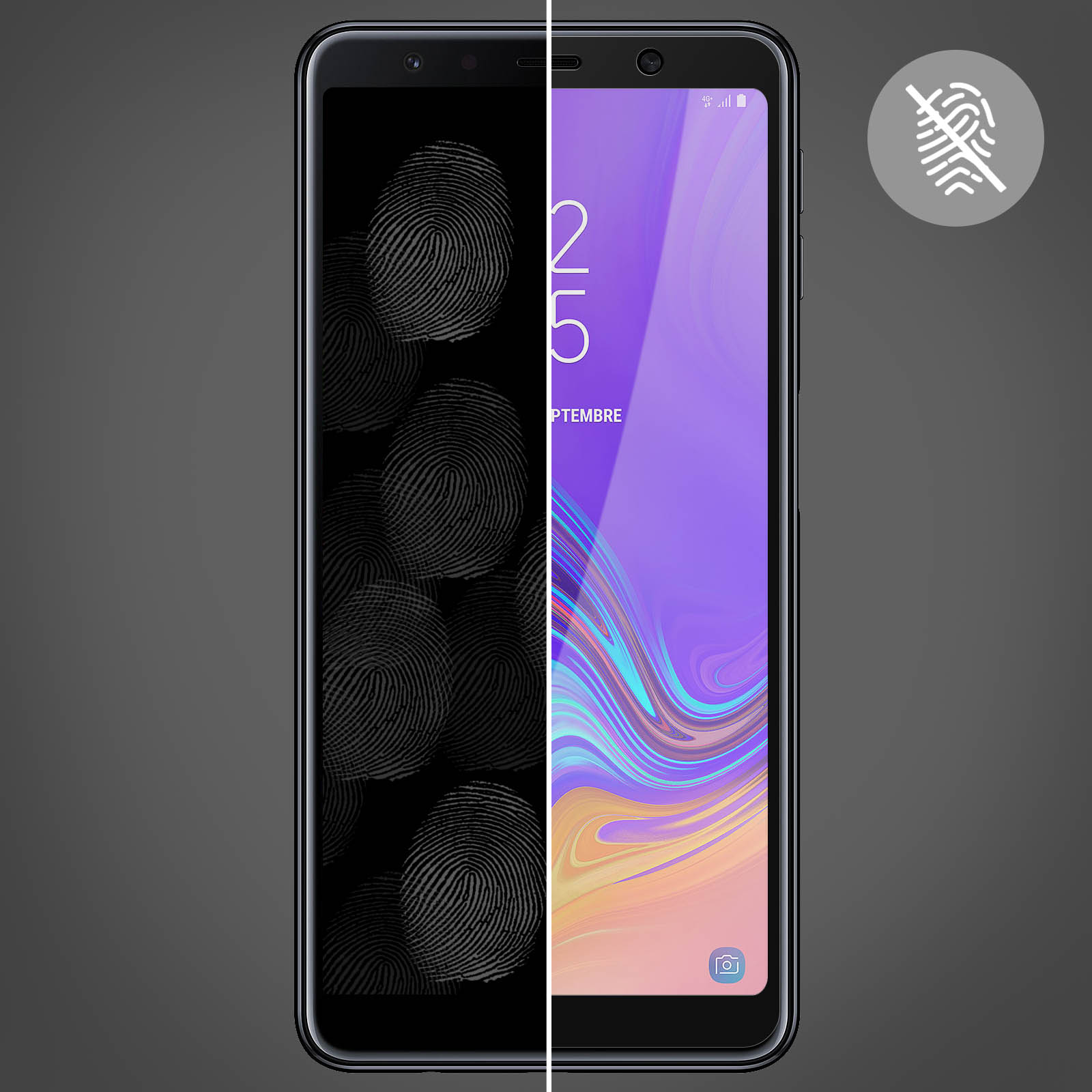Schermo dello smartphone che mostra un test delle impronte digitali. Un lato è nero con impronte digitali, l'altro è un display a colori. Nessuna icona touch.