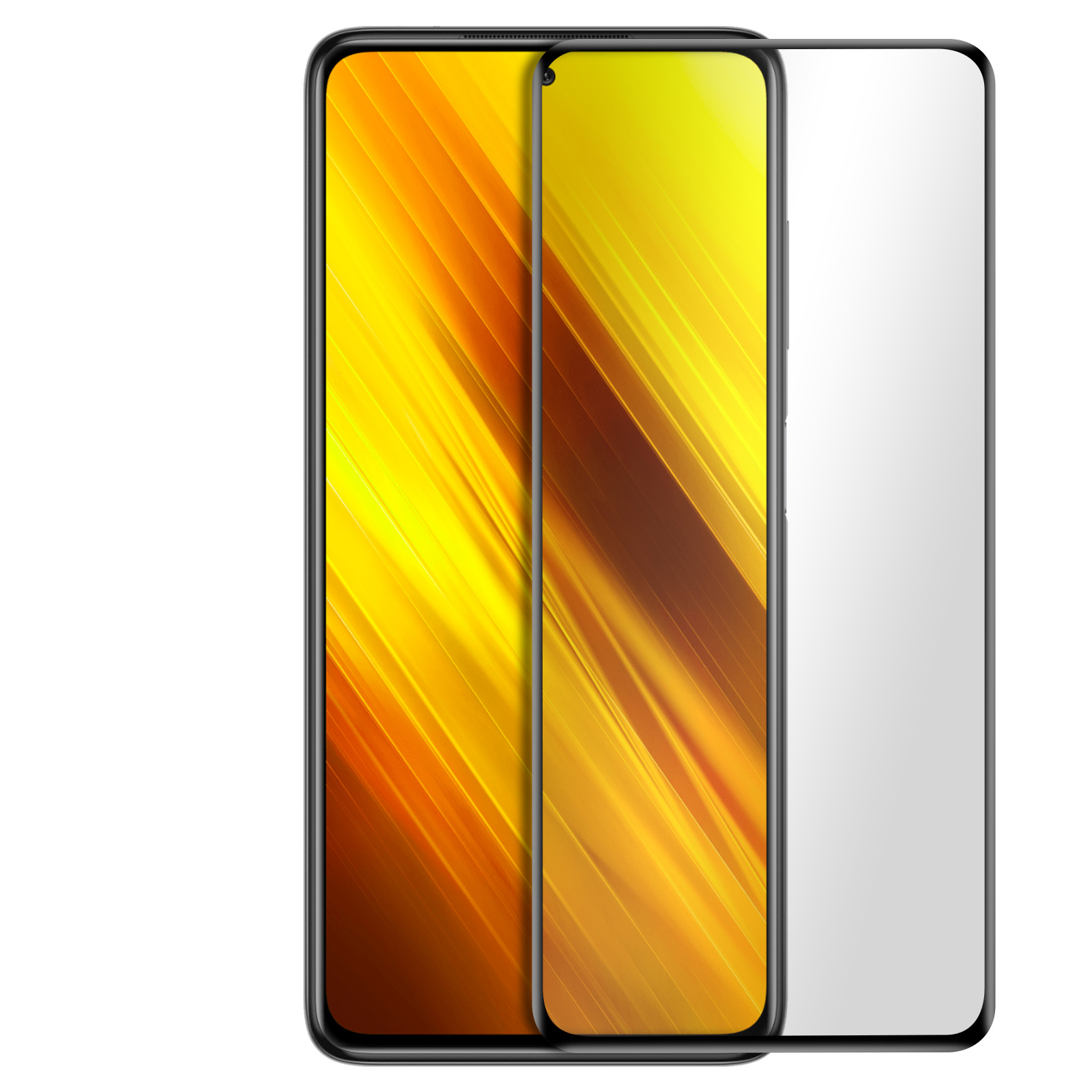 Viene visualizzata una protezione per lo schermo dello smartphone. Lo schermo ha una sfumatura gialla con linee diagonali. A destra c'è uno schermo bianco.