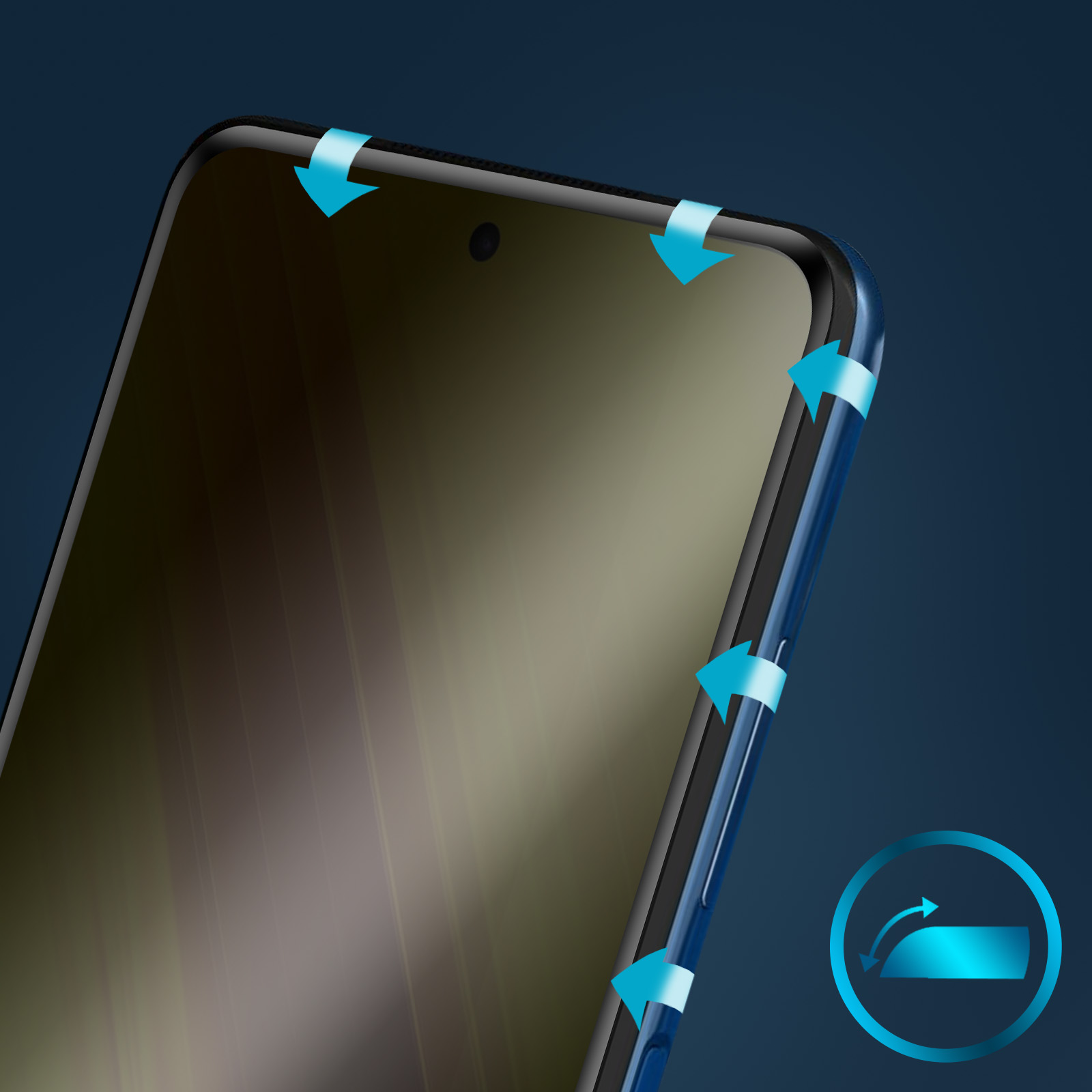 Primo piano dello schermo di uno smartphone con frecce che indicano l'applicazione di una protezione per lo schermo. Sfondo blu scuro con icona circolare.