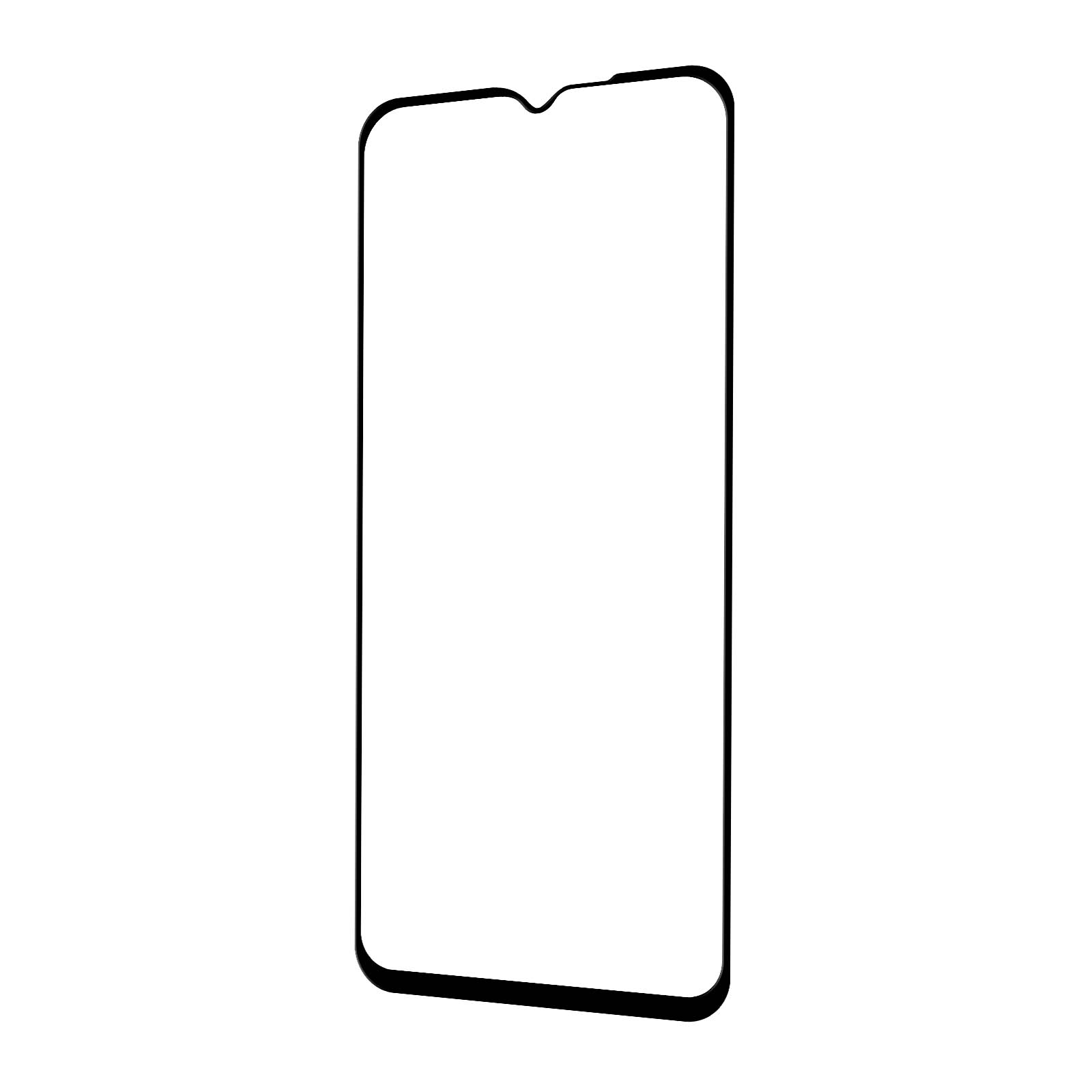 L'image représente un protecteur d'écran de téléphone. Il a un bord noir et une encoche en haut. Le fond est blanc.