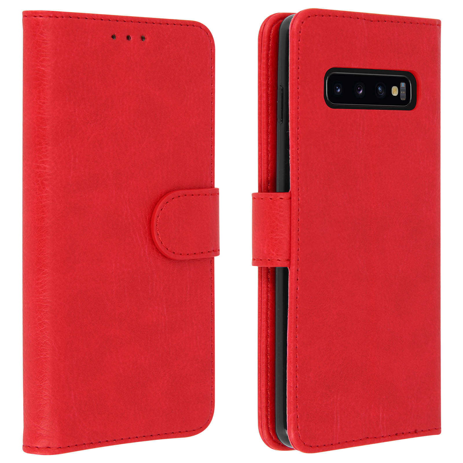 Custodia per telefono in pelle rossa, aperta, che mostra il supporto e una chiusura.