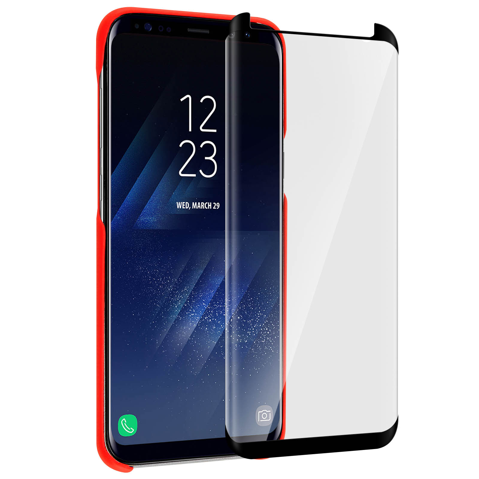 Telefono nero con custodia rossa e protezione schermo. Lo schermo mostra ora e data. La protezione è trasparente.