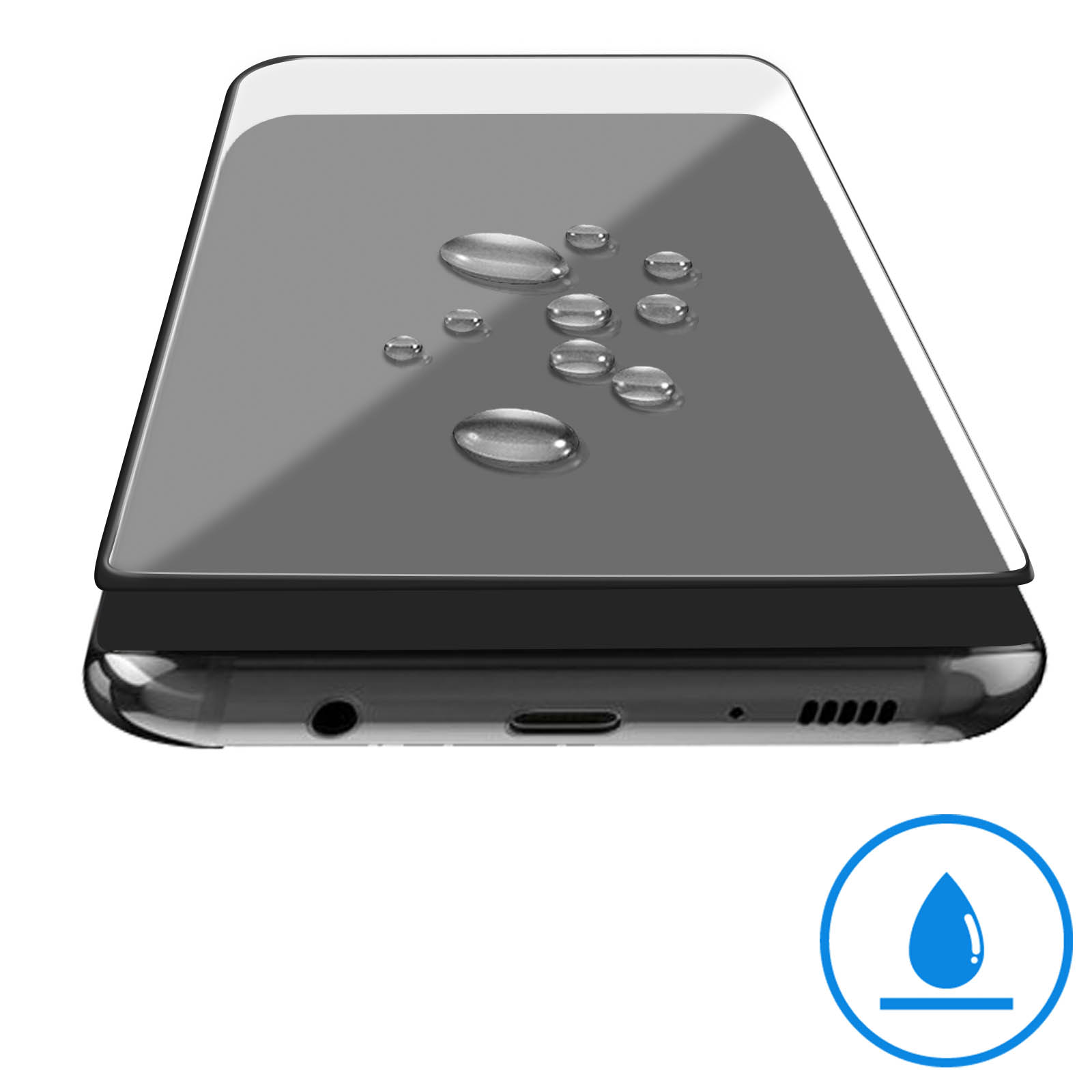 Telefono con protezione schermo e gocce d'acqua. Icona goccia blu. Telefono nero.