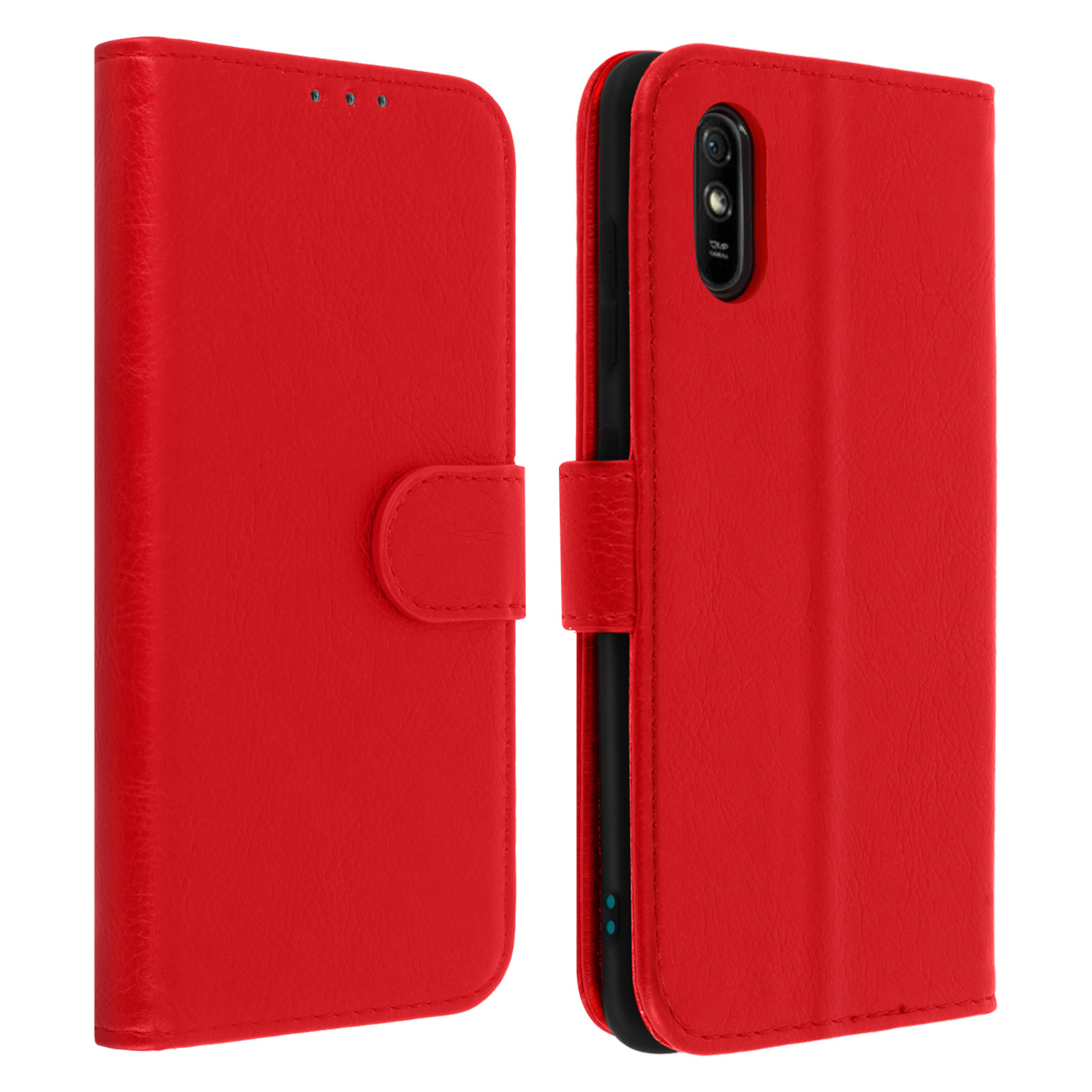 Étui de téléphone rouge. Ouvert, avec fermeture à bouton.