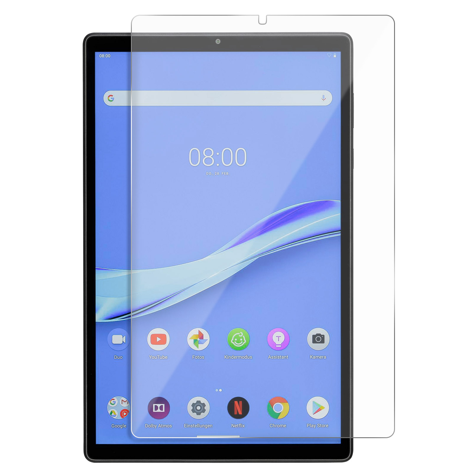Tablet con protezione schermo. Il display mostra l'ora e le icone delle app. Protezione schermo trasparente applicata.