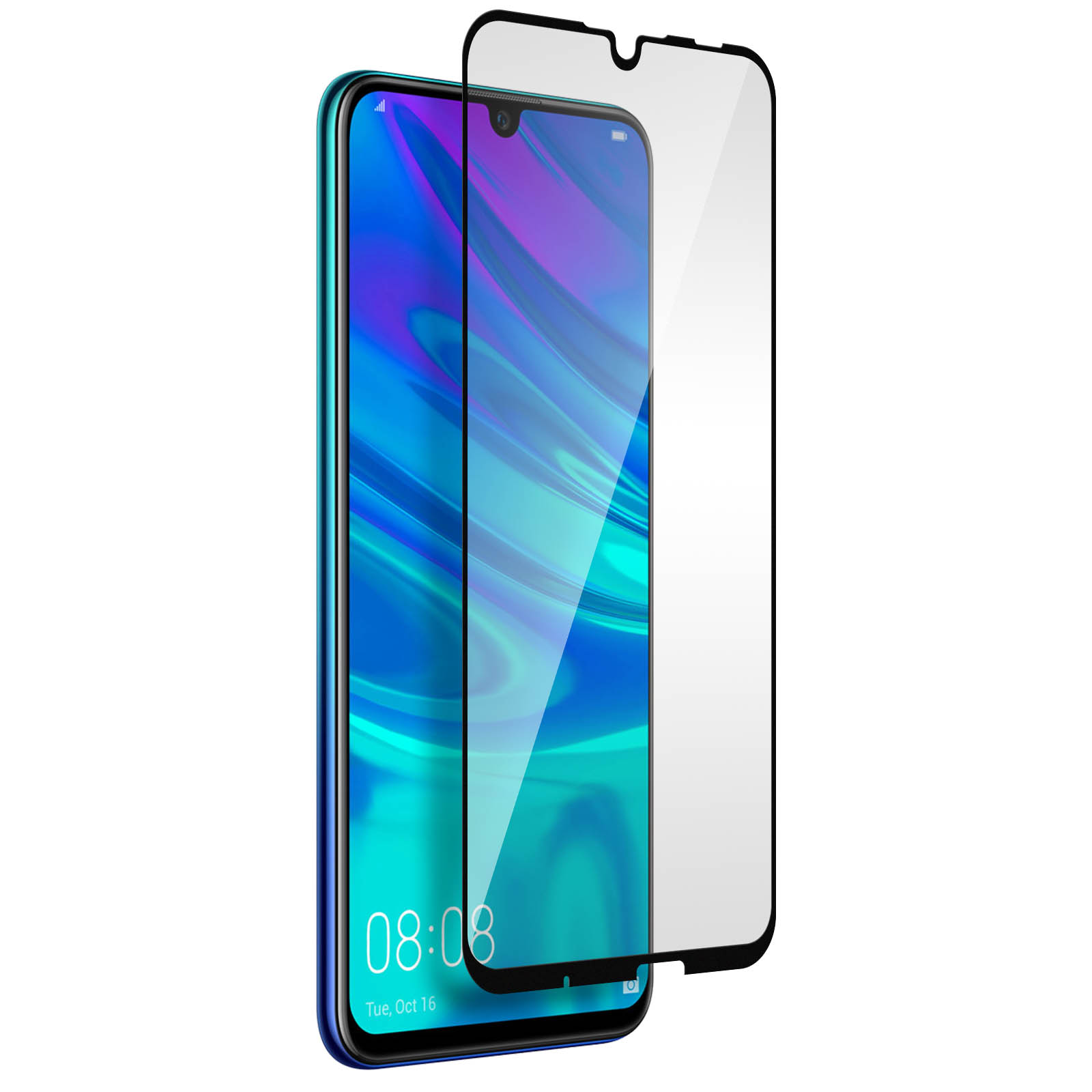 Telefono blu con protezione schermo. Lo schermo mostra un motivo colorato e l'ora. La protezione è trasparente.