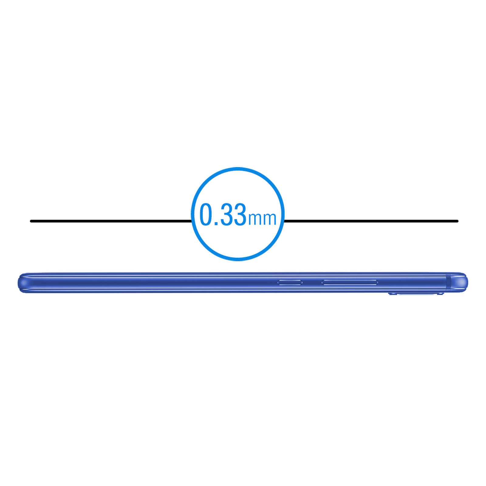 Vista laterale di un telefono blu. Un cerchio mostra lo spessore del telefono come 0,33 mm.