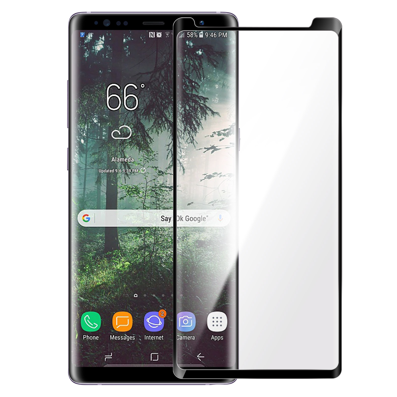 Uno smartphone con protezione schermo, mostra sfondo foresta, tempo a 66 gradi e icone app.