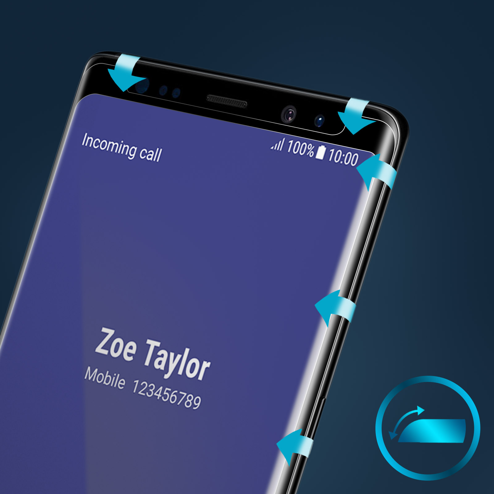Uno schermo del telefono mostra una chiamata in arrivo da Zoe Taylor. Lo schermo è nero con testo e frecce.