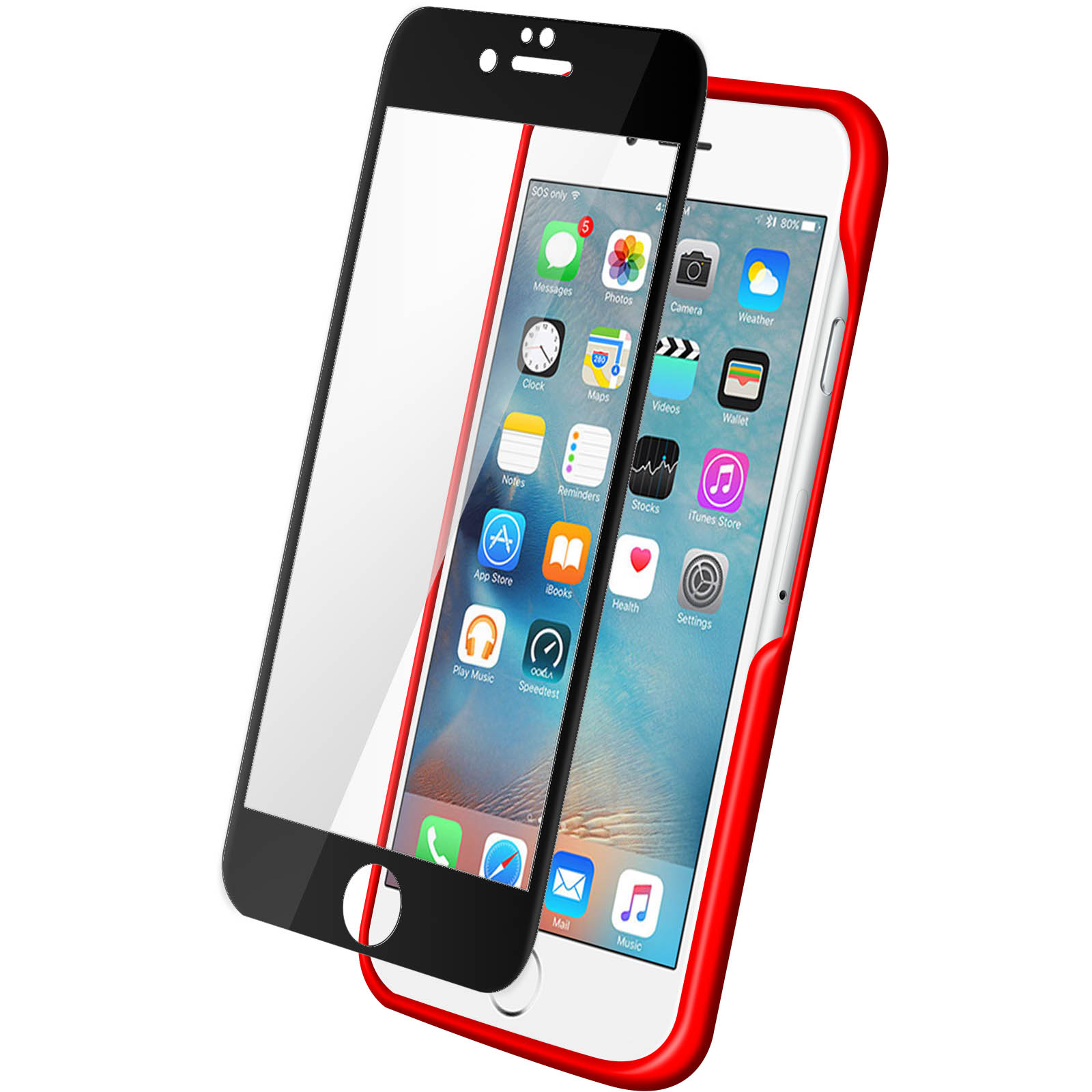 Uno smartphone con custodia rossa e protezione schermo. Il telefono mostra le icone delle app.