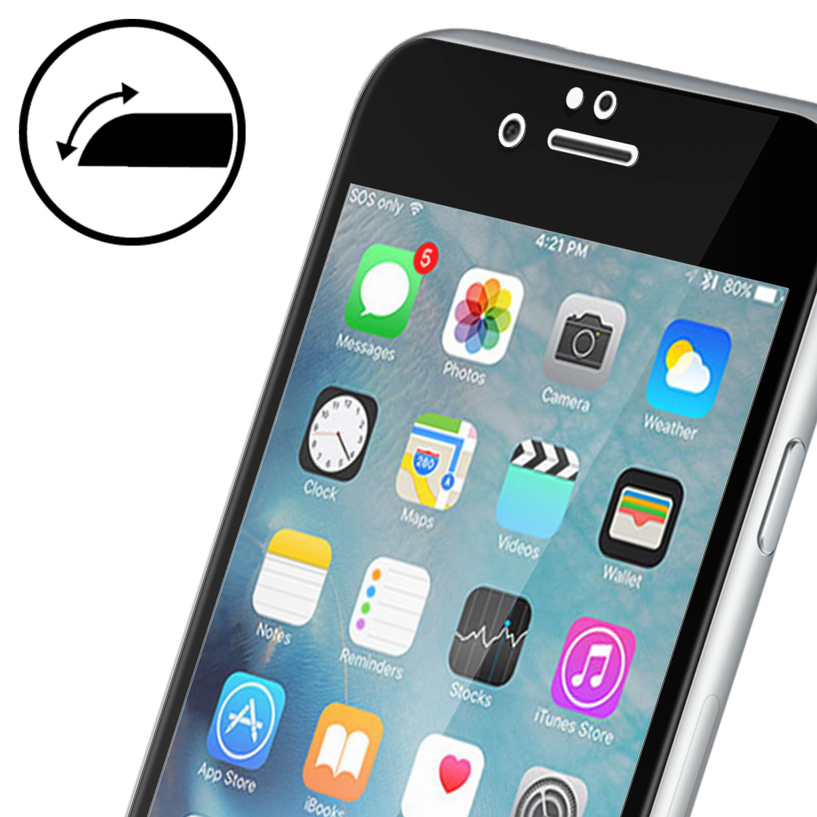 Uno smartphone con schermo e protezione. Lo schermo mostra icone delle app. Un'icona mostra il taglio.