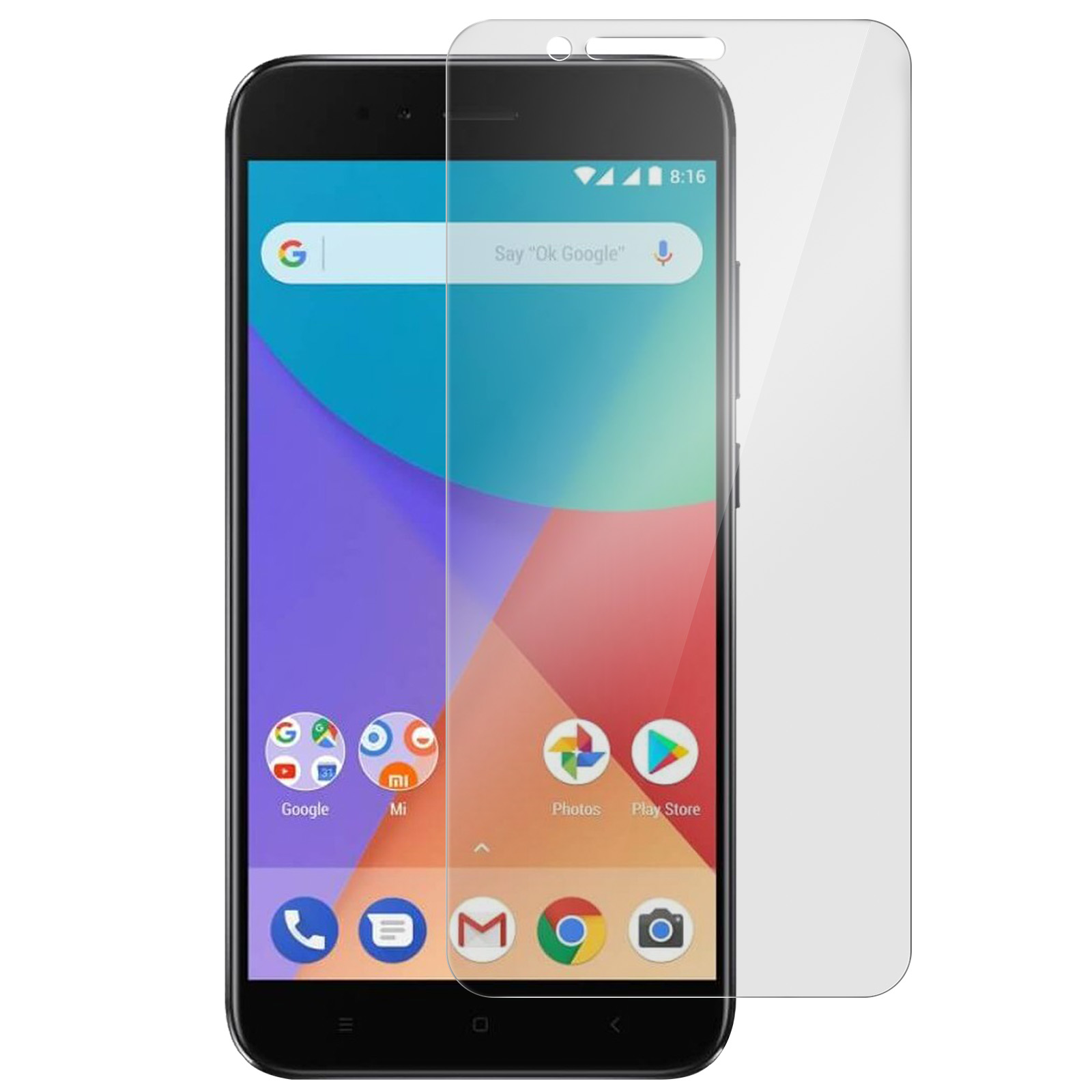 Smartphone negro con protector de pantalla. Muestra búsqueda Google y apps. Protector claro a la derecha.