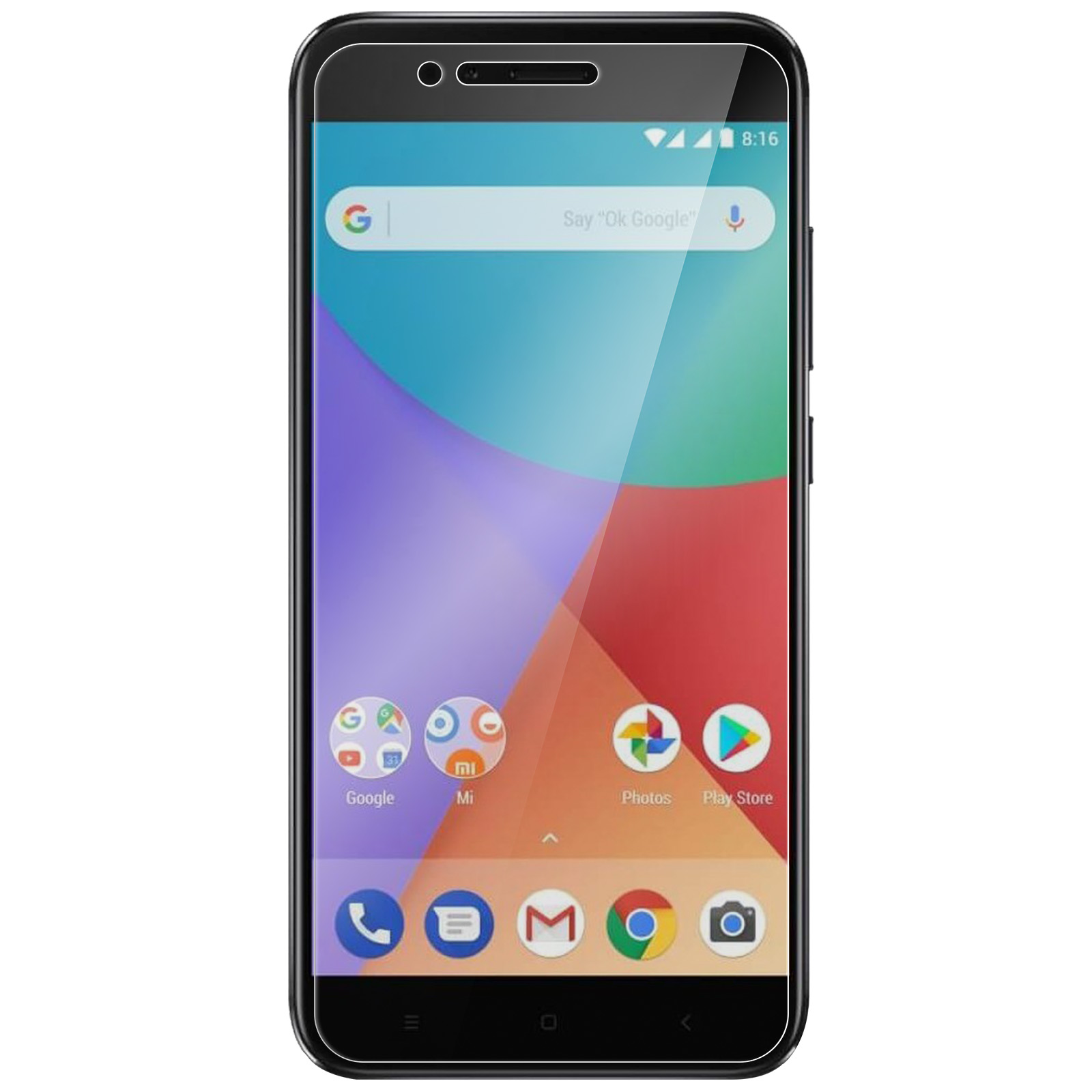 Un smartphone negro con una pantalla colorida, mostrando iconos de aplicaciones de Google, Mi, Fotos y Play Store.