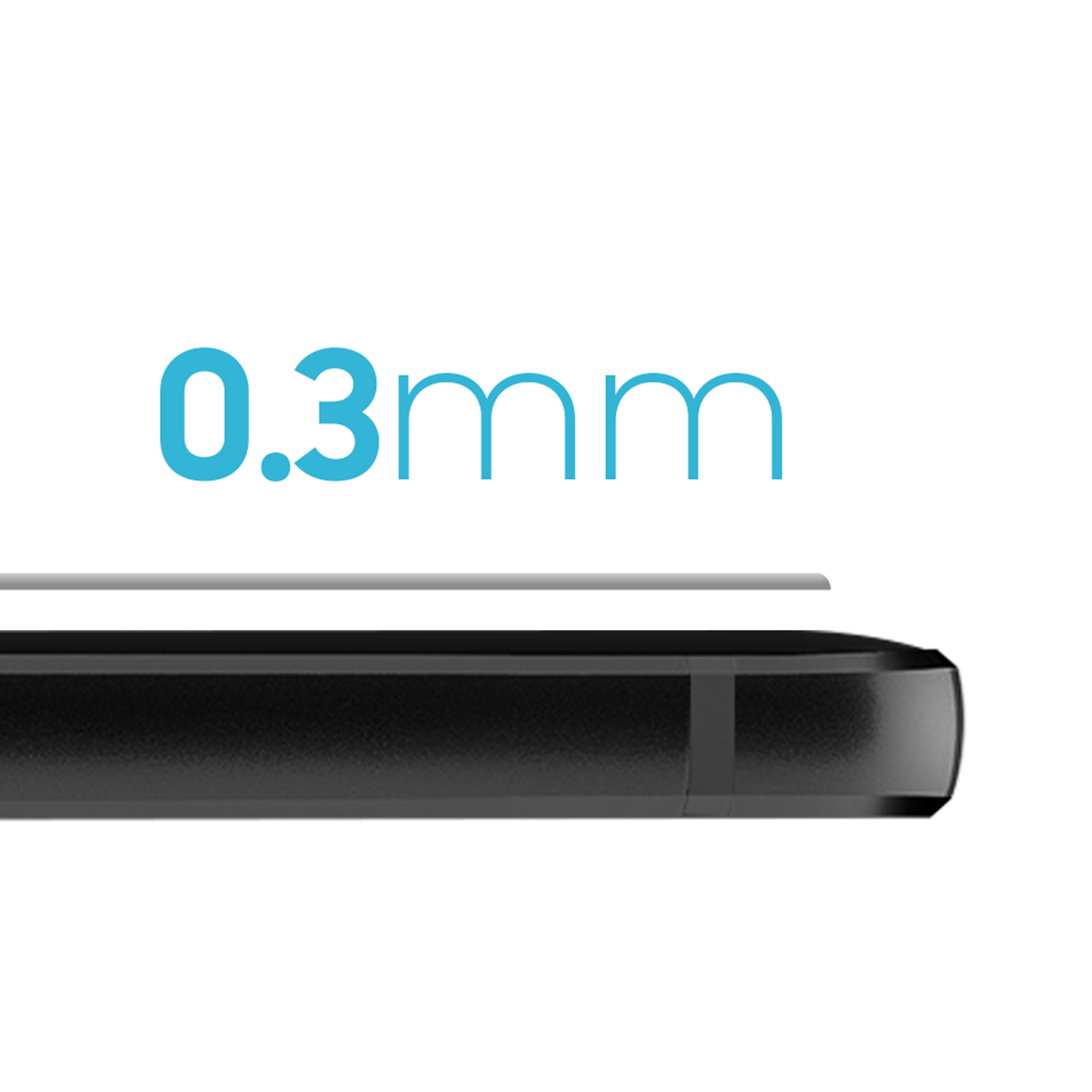 Primer plano del lateral de un teléfono mostrando el grosor '0,3 mm' con una fina línea gris.