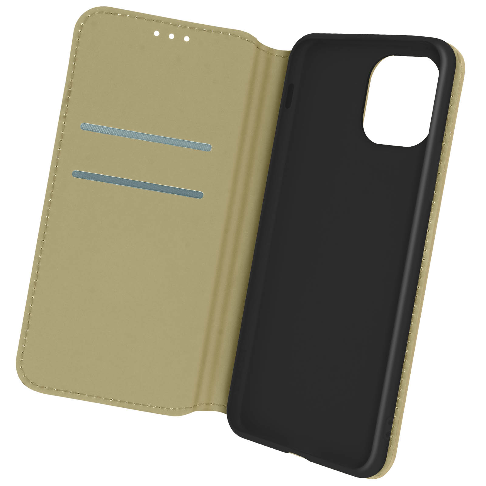 Open telefoonhoes, beige buitenkant, zwarte binnenkant, met kaartsleuven. Telefoon niet inbegrepen.