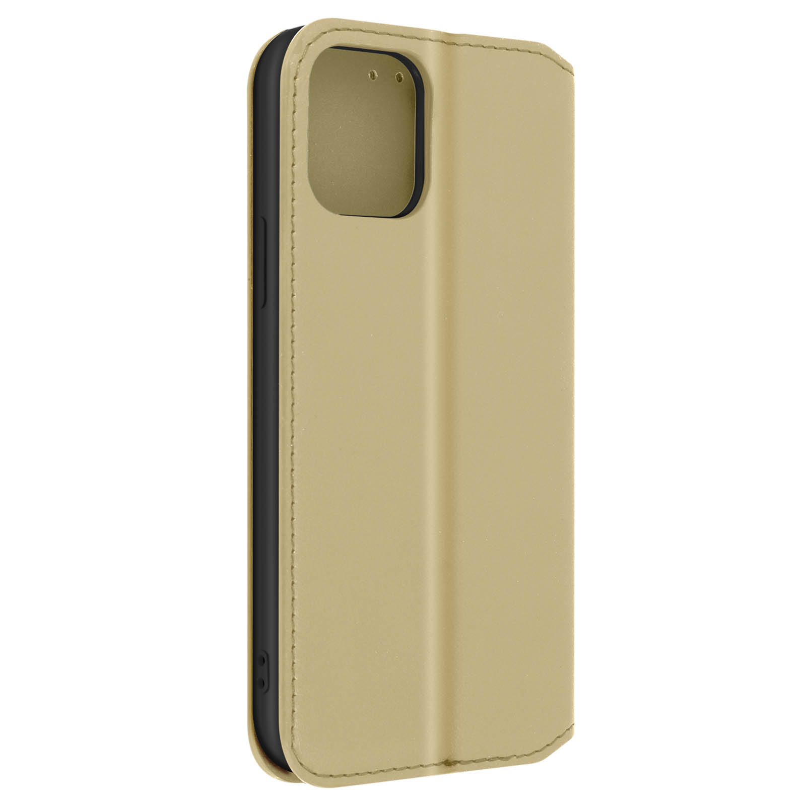 Een beige leren telefoonhoes, links gesloten, rechts open, met een zwart interieur.