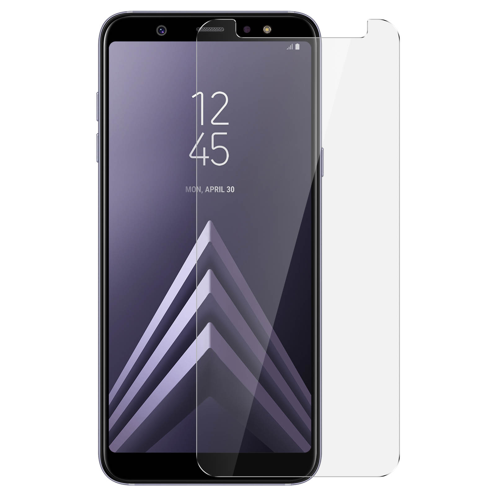 Smartphone nero e viola con protezione schermo. Lo schermo mostra un orologio.