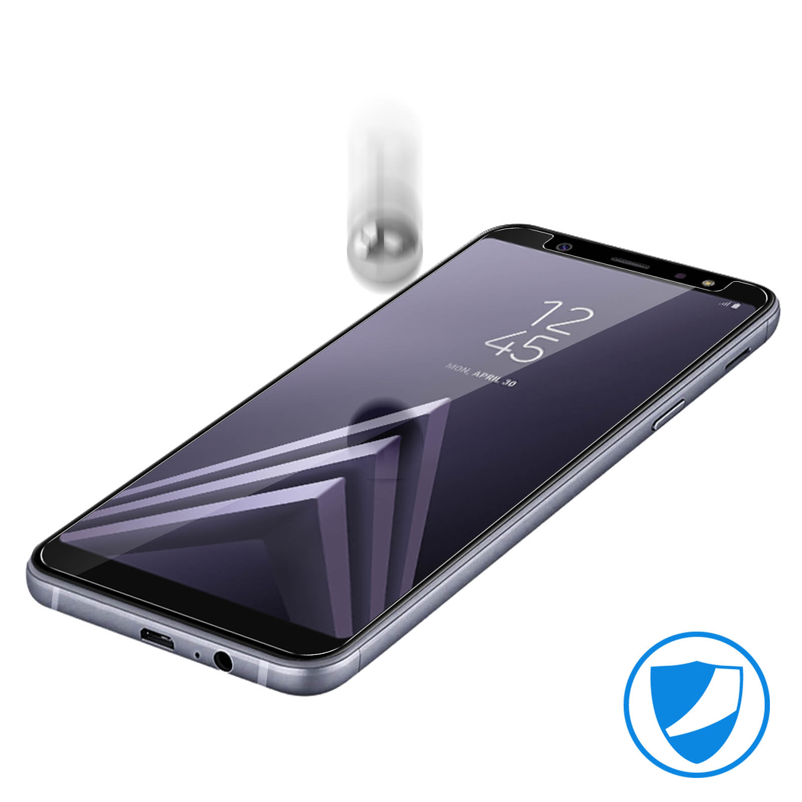 Telefono con protezione schermo, una palla di metallo che cade. Il telefono mostra l'ora.