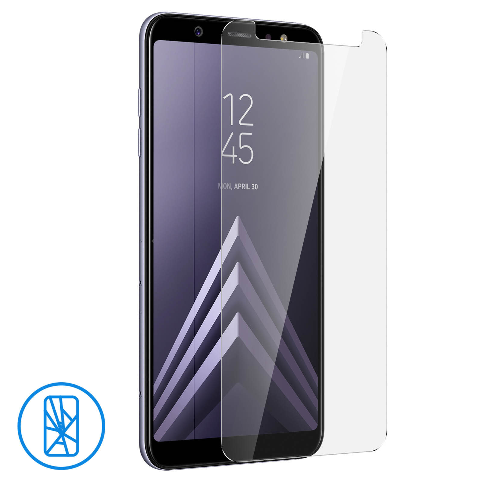 Uno smartphone nero con protezione schermo. Il display mostra ora e data. A destra una pellicola protettiva.