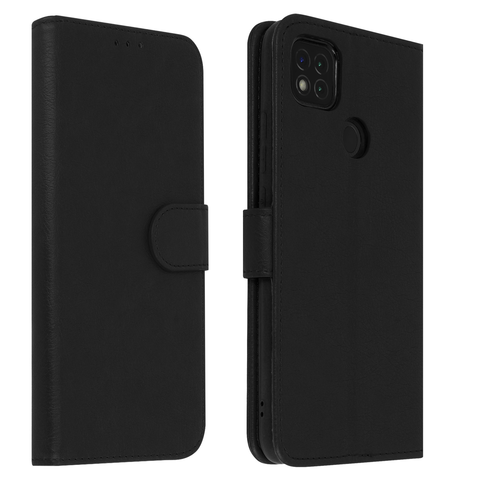 Zwarte telefoonhoes, open. Leren telefoonhoes met magneetsluiting, ontworpen voor een telefoon.