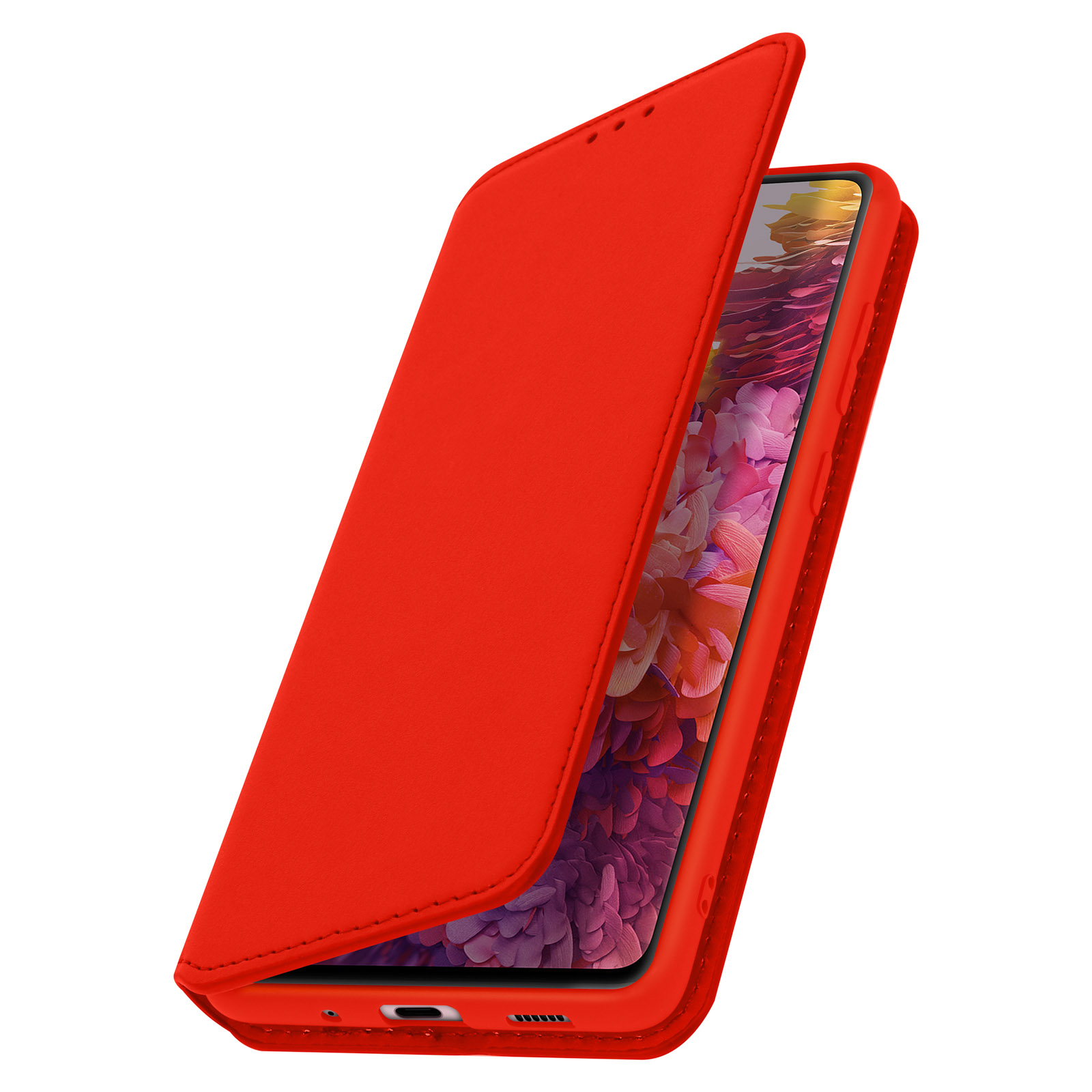Eine offene rote Handyhülle mit einem Smartphone darin. Der Bildschirm des Telefons ist sichtbar.